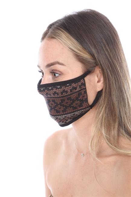 FASHION MASK SW567 - MASK101-BLACK, a double-layer black print face mask with contoured sides, neatly folded and packaged.