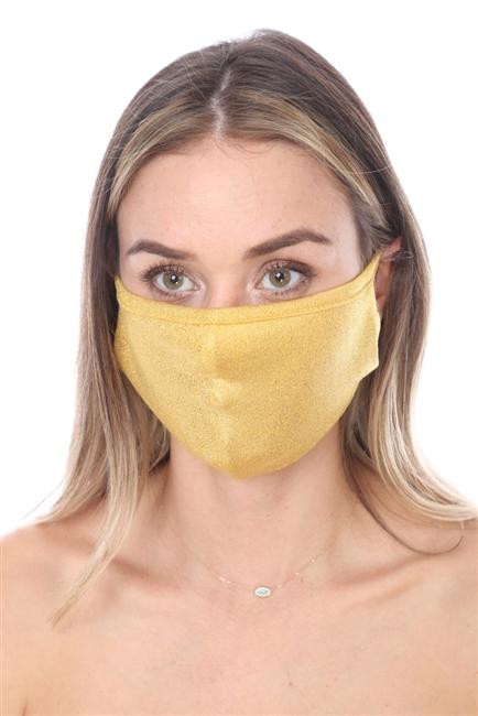 Gold metallic double-layer face mask with contoured sides, packaged in zip lock bags, made in the USA.