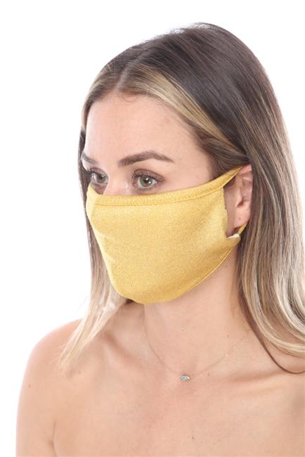 Gold metallic double-layer face mask with contoured sides, packaged in zip lock bags, made in the USA.