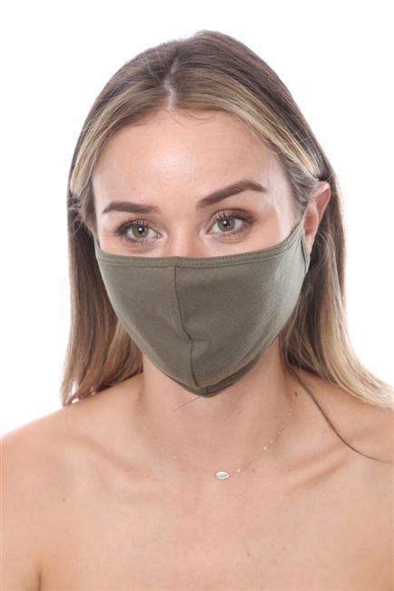 Olive double layer face mask with contoured sides, packed in zip lock bags, showcasing stylish design and comfort.