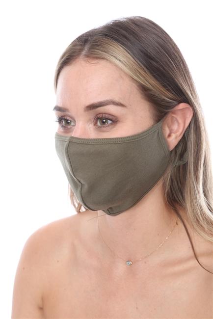 Olive double layer face mask with contoured sides, packed in zip lock bags, showcasing stylish design and comfort.