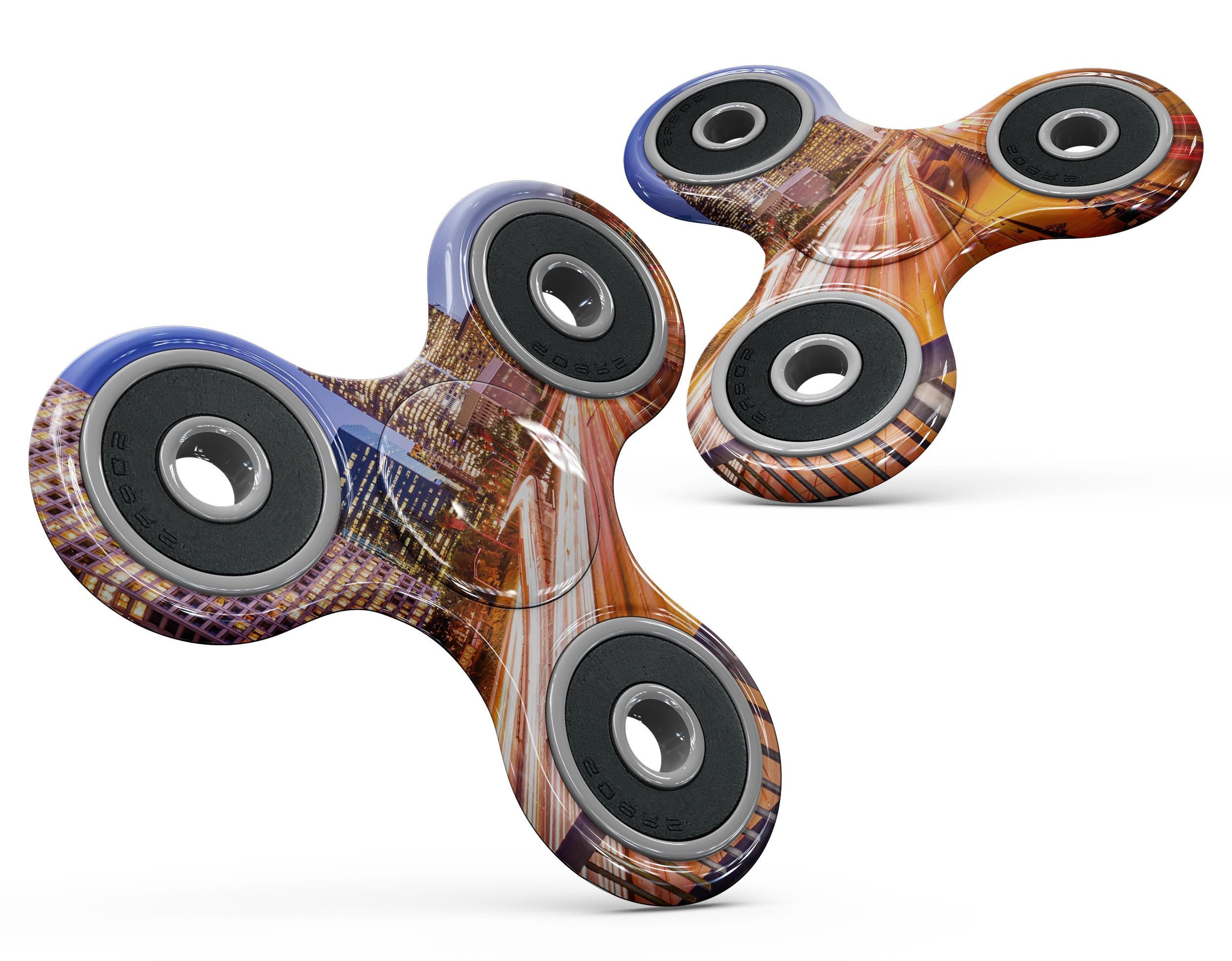 Fast City Life Full-Body Fidget Spinner Skin-Kit showcasing vibrant designs and textures, perfect for personalizing your fidget spinner.