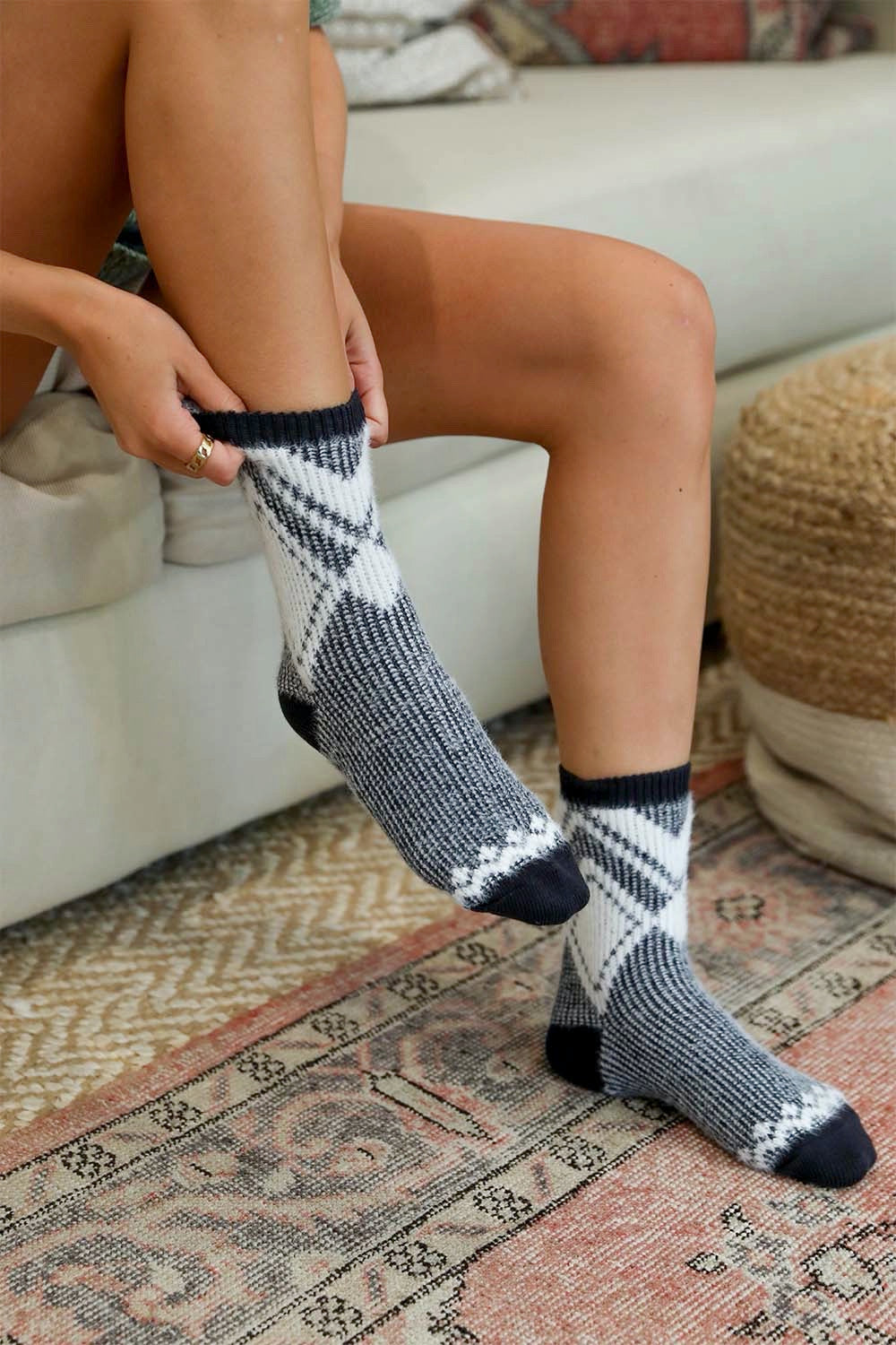 A pair of stylish Faux Mohair Diamond Pattern Socks featuring a geometric diamond design in soft acrylic material.