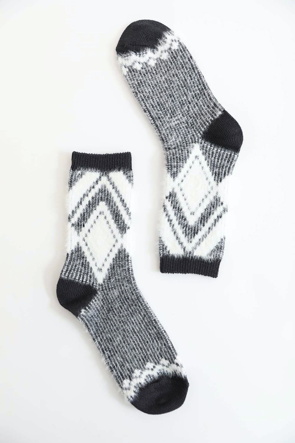 A pair of stylish Faux Mohair Diamond Pattern Socks featuring a geometric diamond design in soft acrylic material.