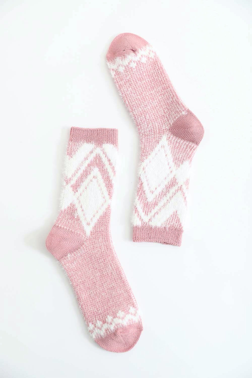 A pair of stylish Faux Mohair Diamond Pattern Socks featuring a geometric diamond design in soft acrylic material.