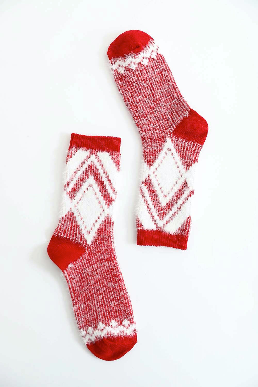 A pair of stylish Faux Mohair Diamond Pattern Socks featuring a geometric diamond design in soft acrylic material.