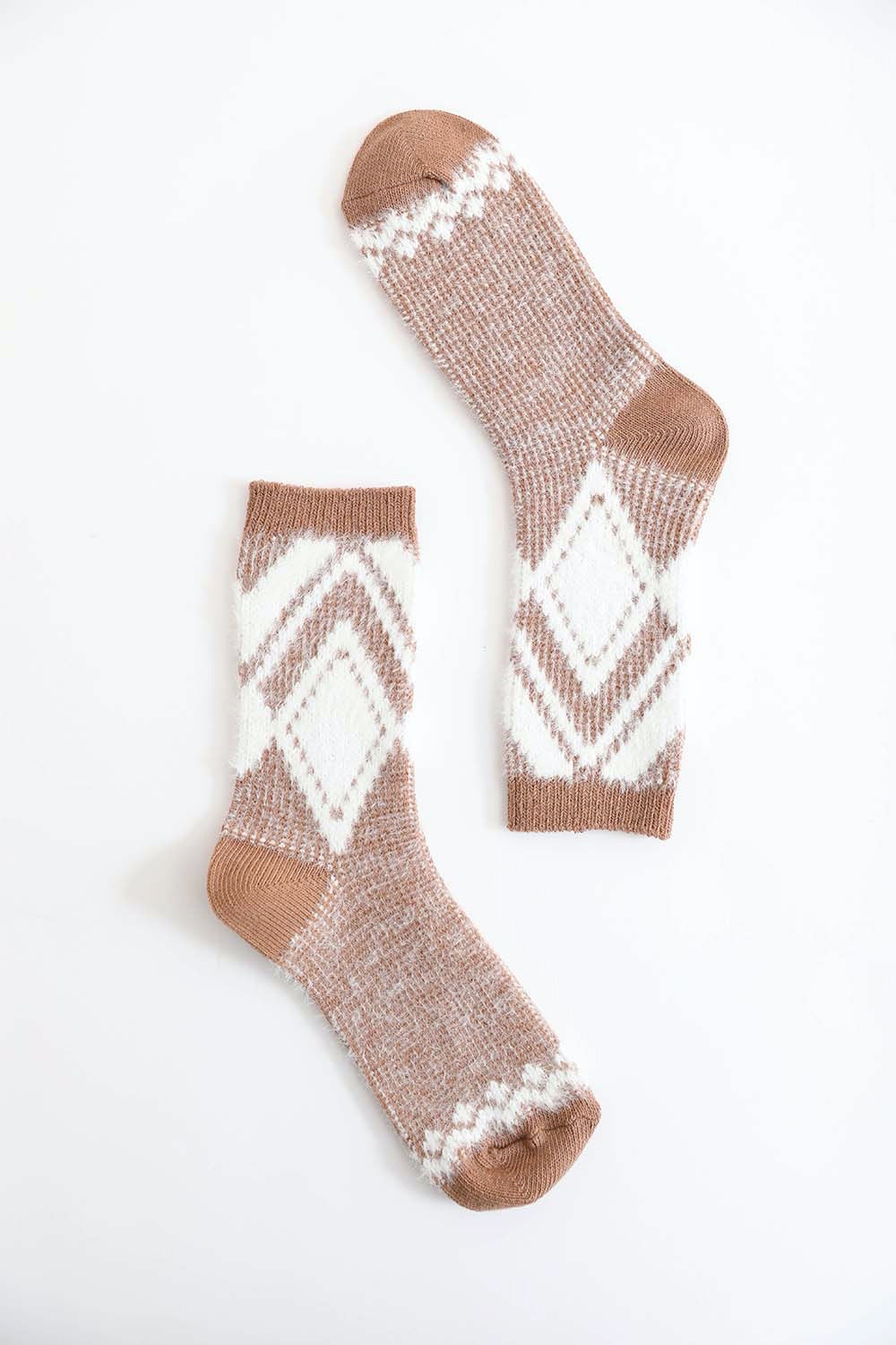 A pair of stylish Faux Mohair Diamond Pattern Socks featuring a geometric diamond design in soft acrylic material.