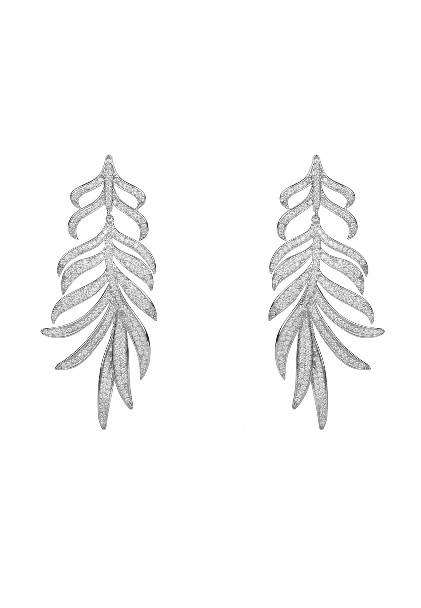 Elegant Feathered Leaf Statement Drop Earrings in silver with sparkling cubic zirconia, showcasing a nature-inspired design.