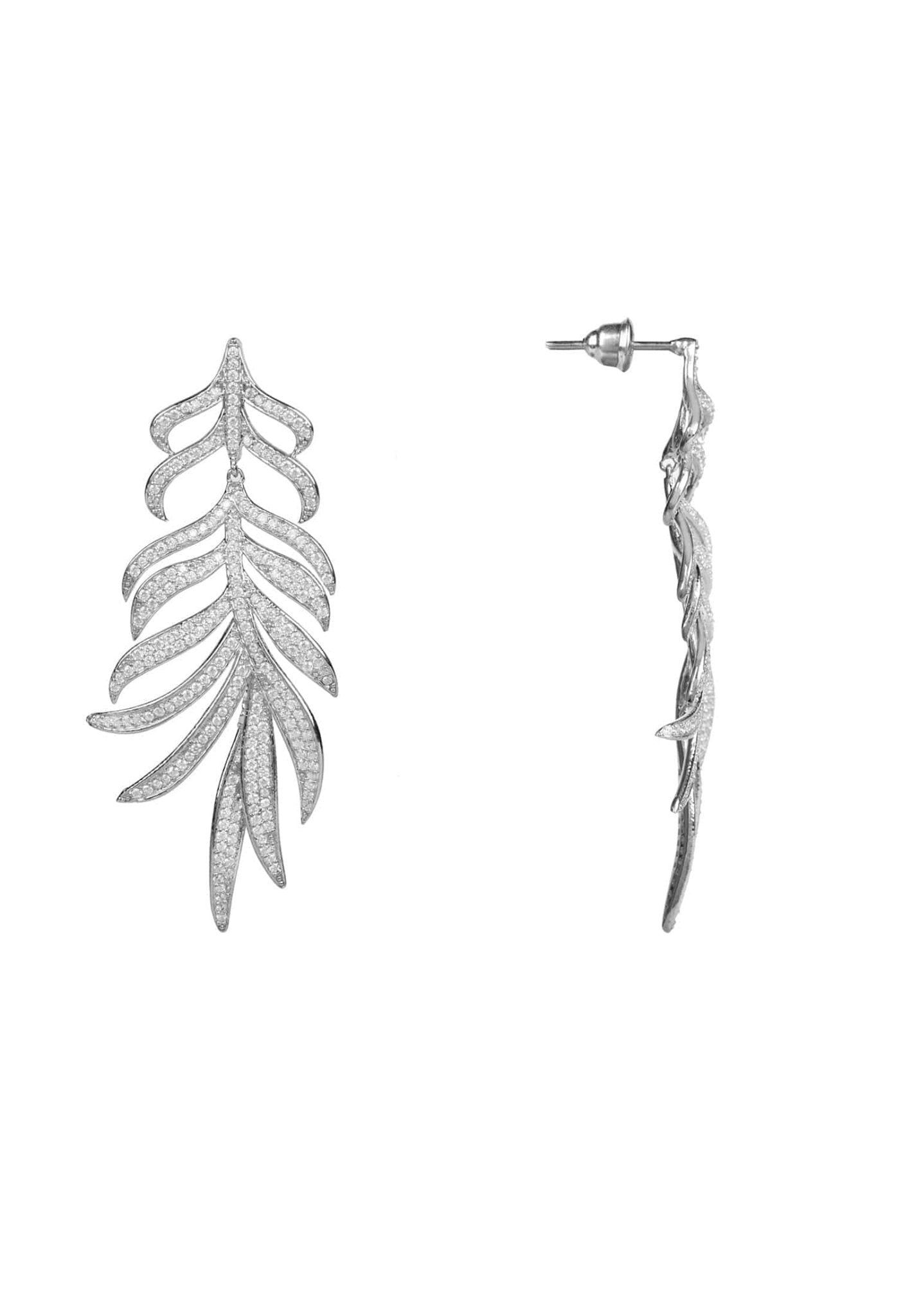 Elegant Feathered Leaf Statement Drop Earrings in silver with sparkling cubic zirconia, showcasing a nature-inspired design.