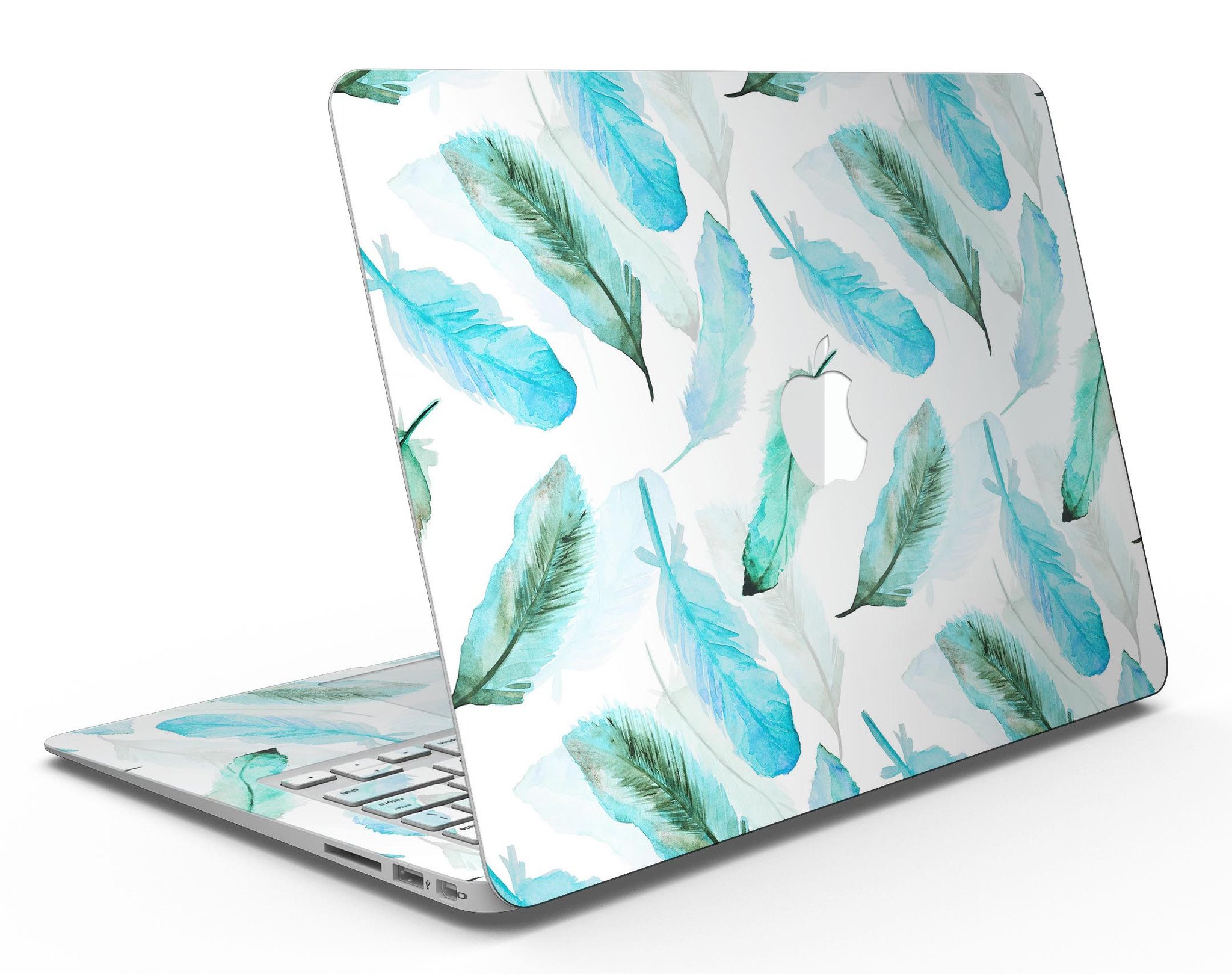 Feathery Watercolor MacBook Air Skin Kit showcasing vibrant colors and design, perfectly fitted on a MacBook Air.