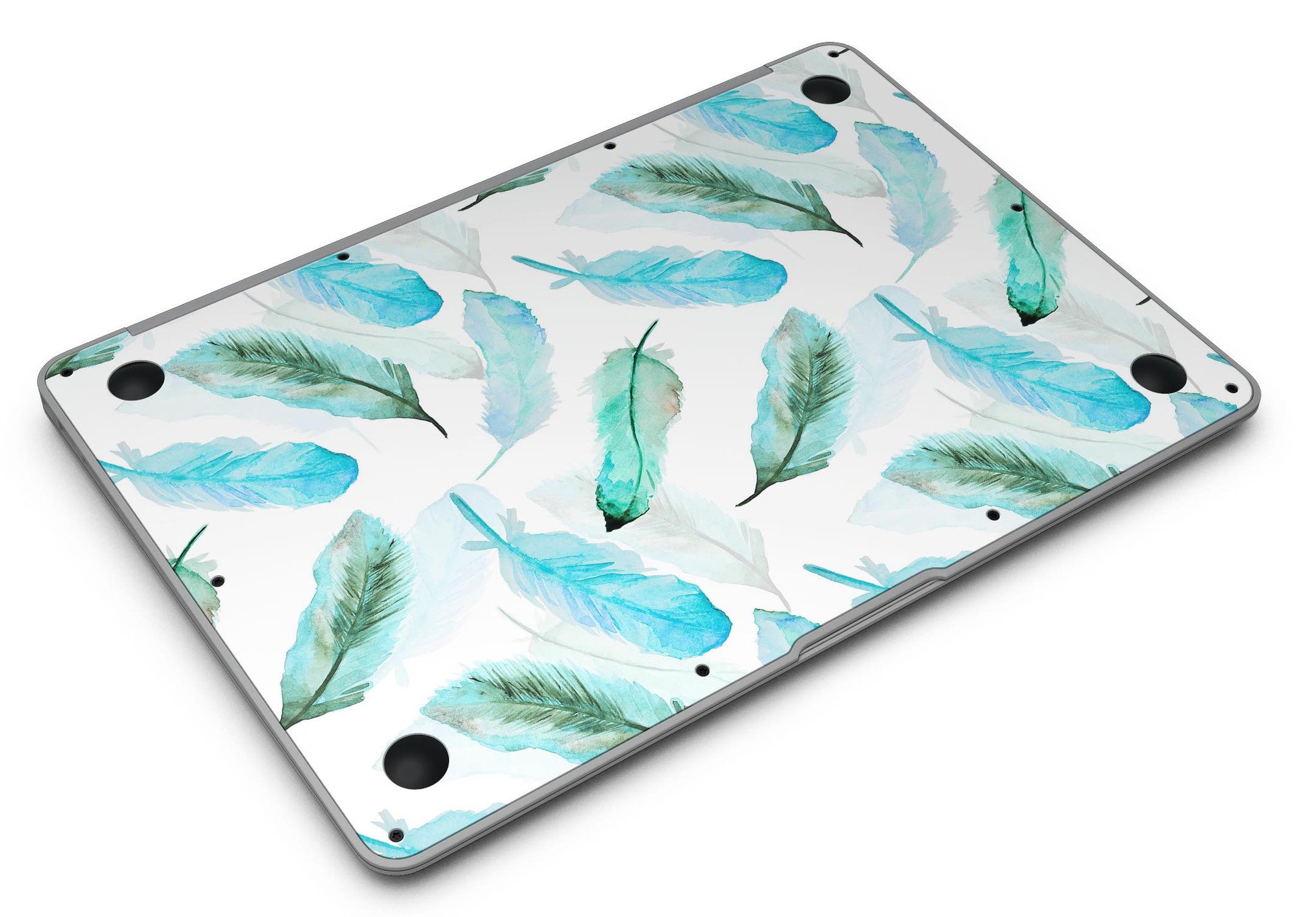 Feathery Watercolor MacBook Air Skin Kit showcasing vibrant colors and design, perfectly fitted on a MacBook Air.