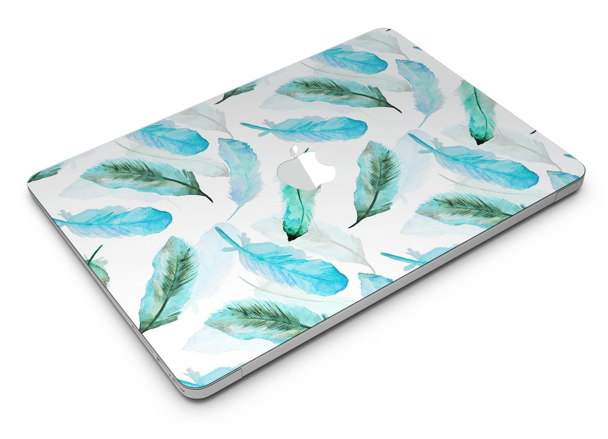 Feathery Watercolor MacBook Air Skin Kit showcasing vibrant colors and design, perfectly fitted on a MacBook Air.