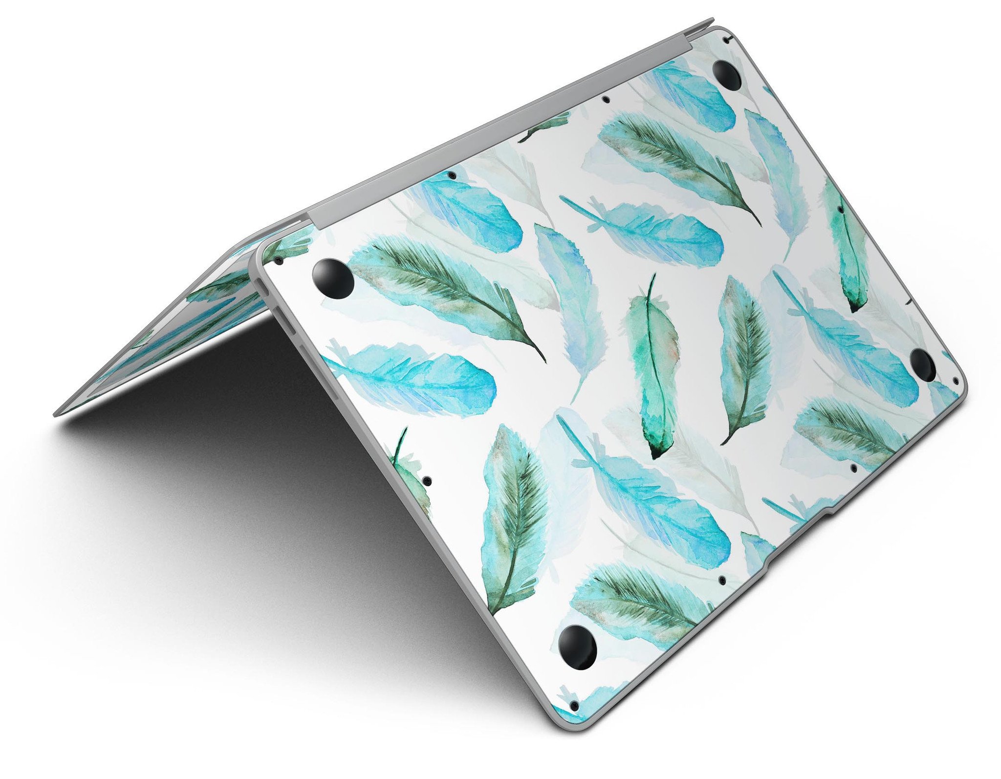 Feathery Watercolor MacBook Air Skin Kit showcasing vibrant colors and design, perfectly fitted on a MacBook Air.