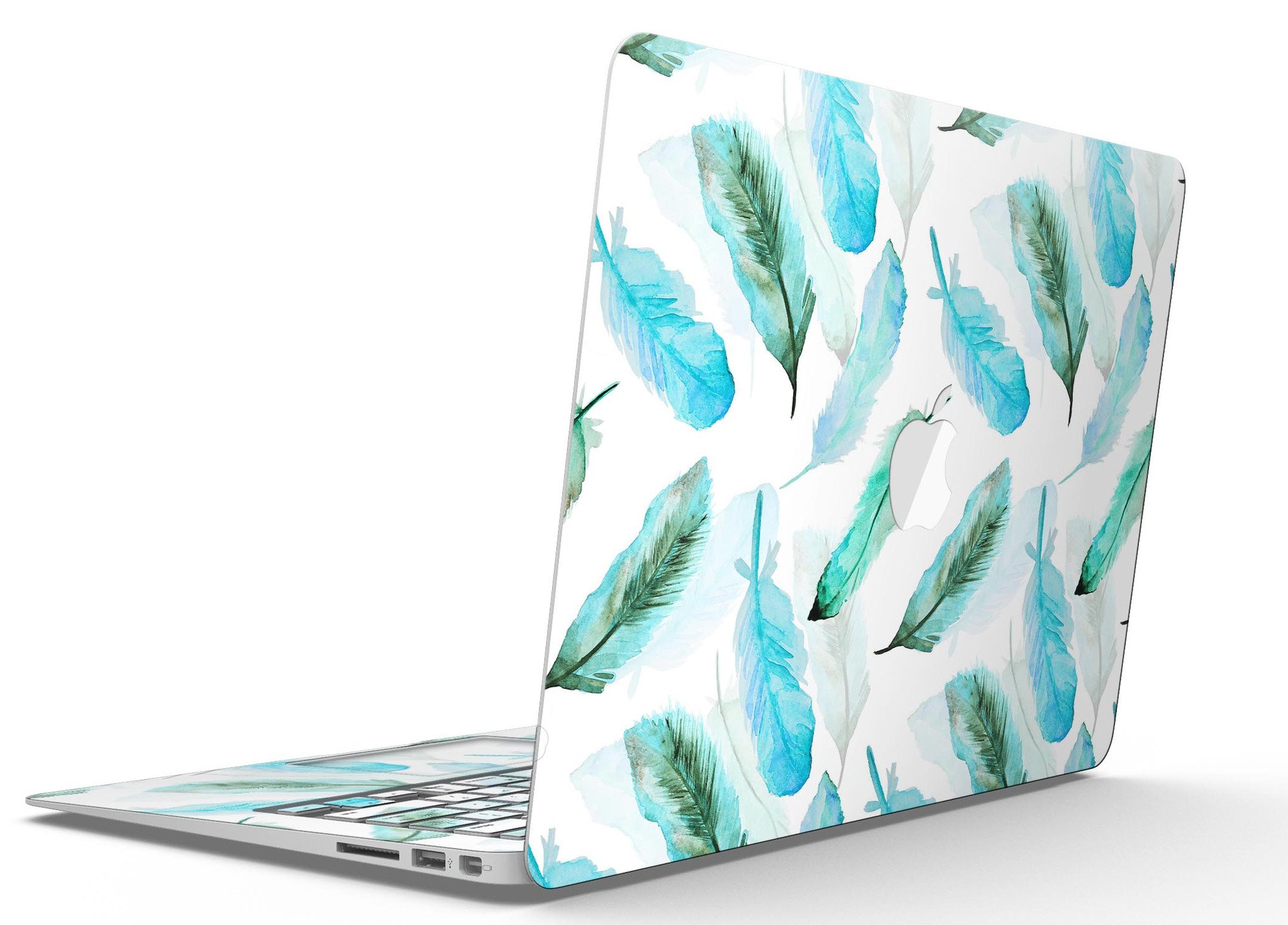 Feathery Watercolor MacBook Air Skin Kit showcasing vibrant colors and design, perfectly fitted on a MacBook Air.