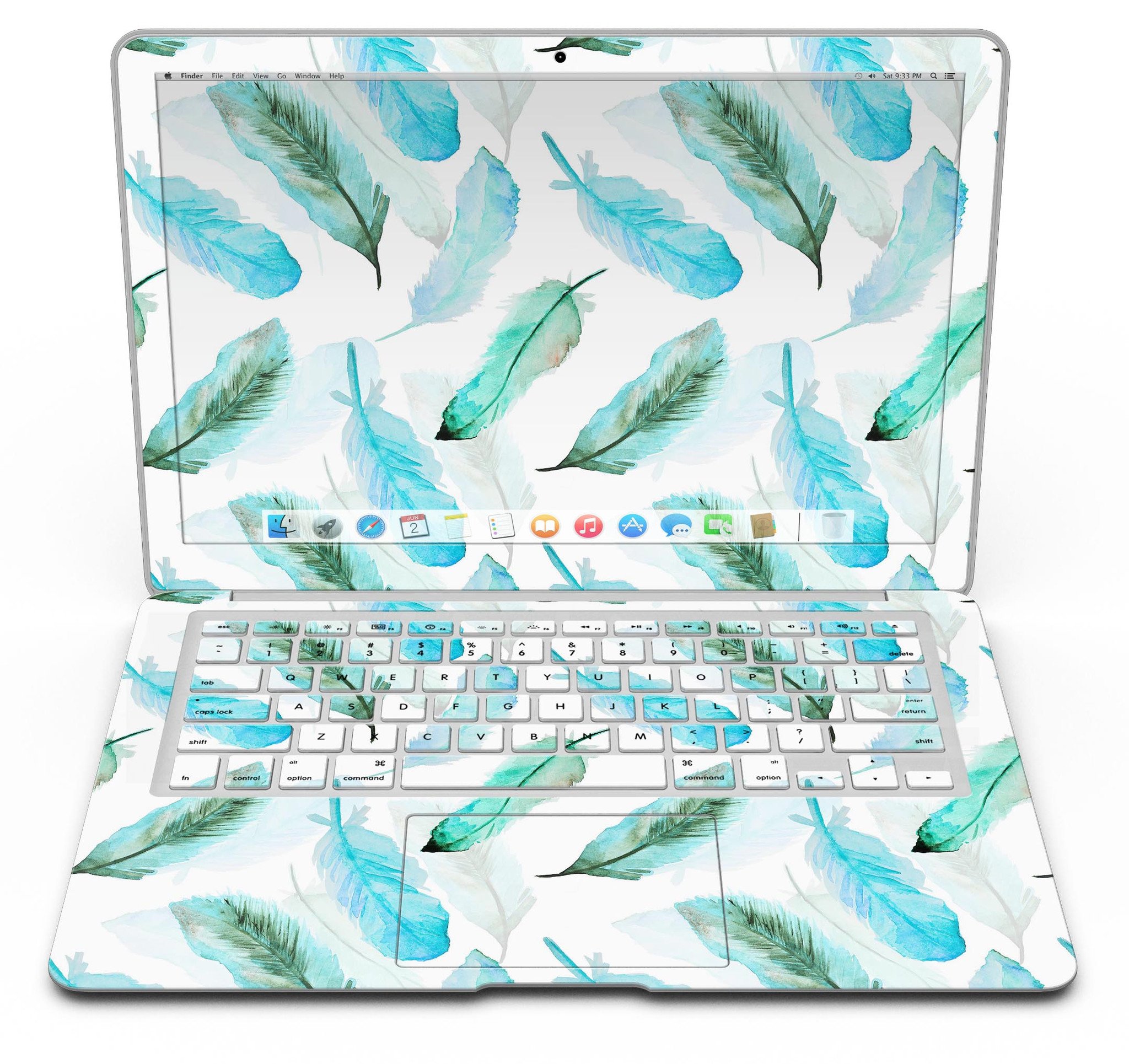 Feathery Watercolor MacBook Air Skin Kit showcasing vibrant colors and design, perfectly fitted on a MacBook Air.