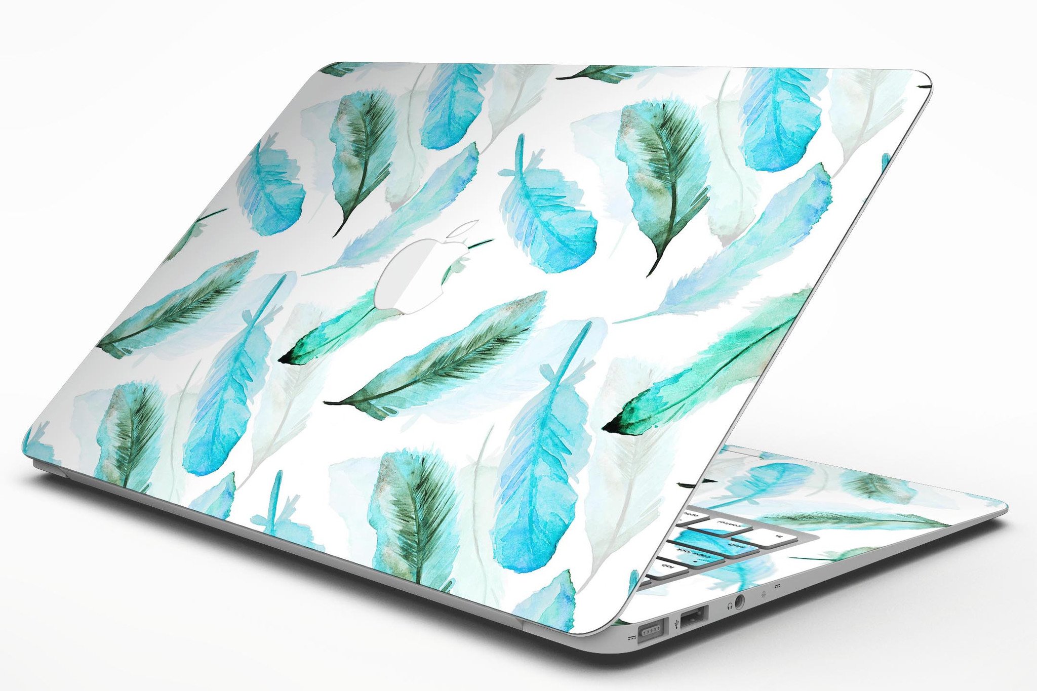 Feathery Watercolor MacBook Air Skin Kit showcasing vibrant colors and design, perfectly fitted on a MacBook Air.