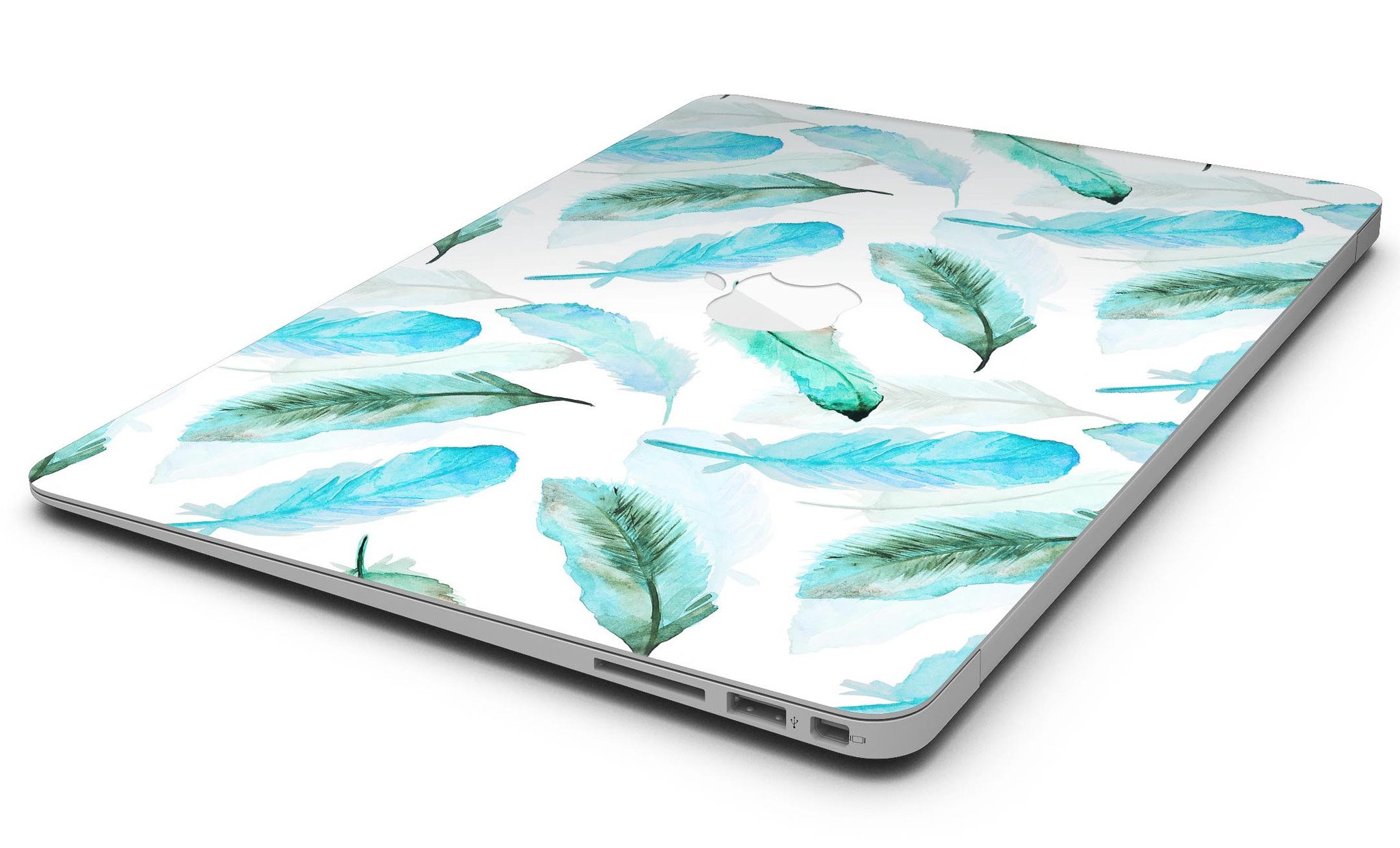 Feathery Watercolor MacBook Air Skin Kit showcasing vibrant colors and design, perfectly fitted on a MacBook Air.