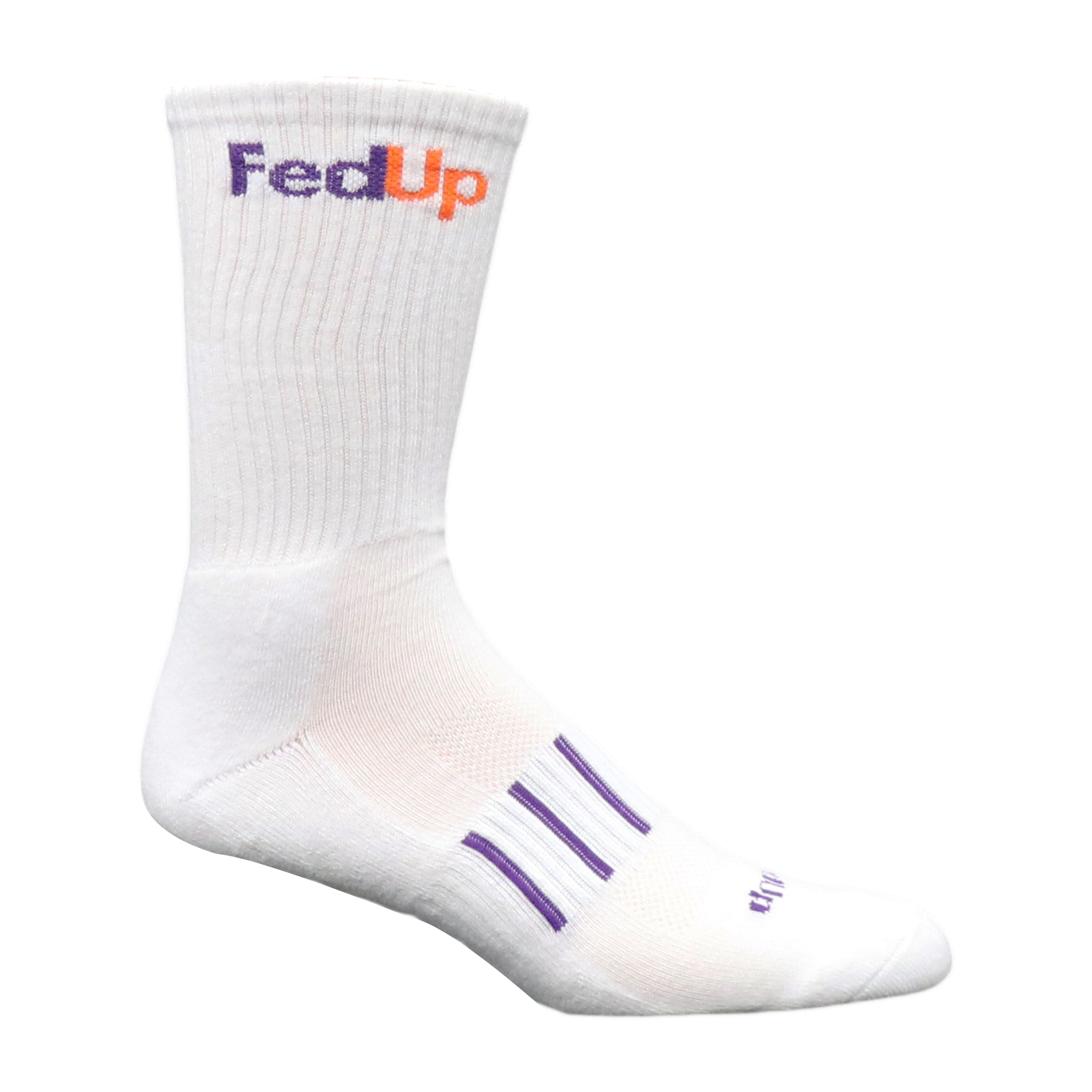 A pair of FedUp Crew Socks featuring a custom woven design, perfect for skaters and lifters, showcasing a ventilated mesh top.