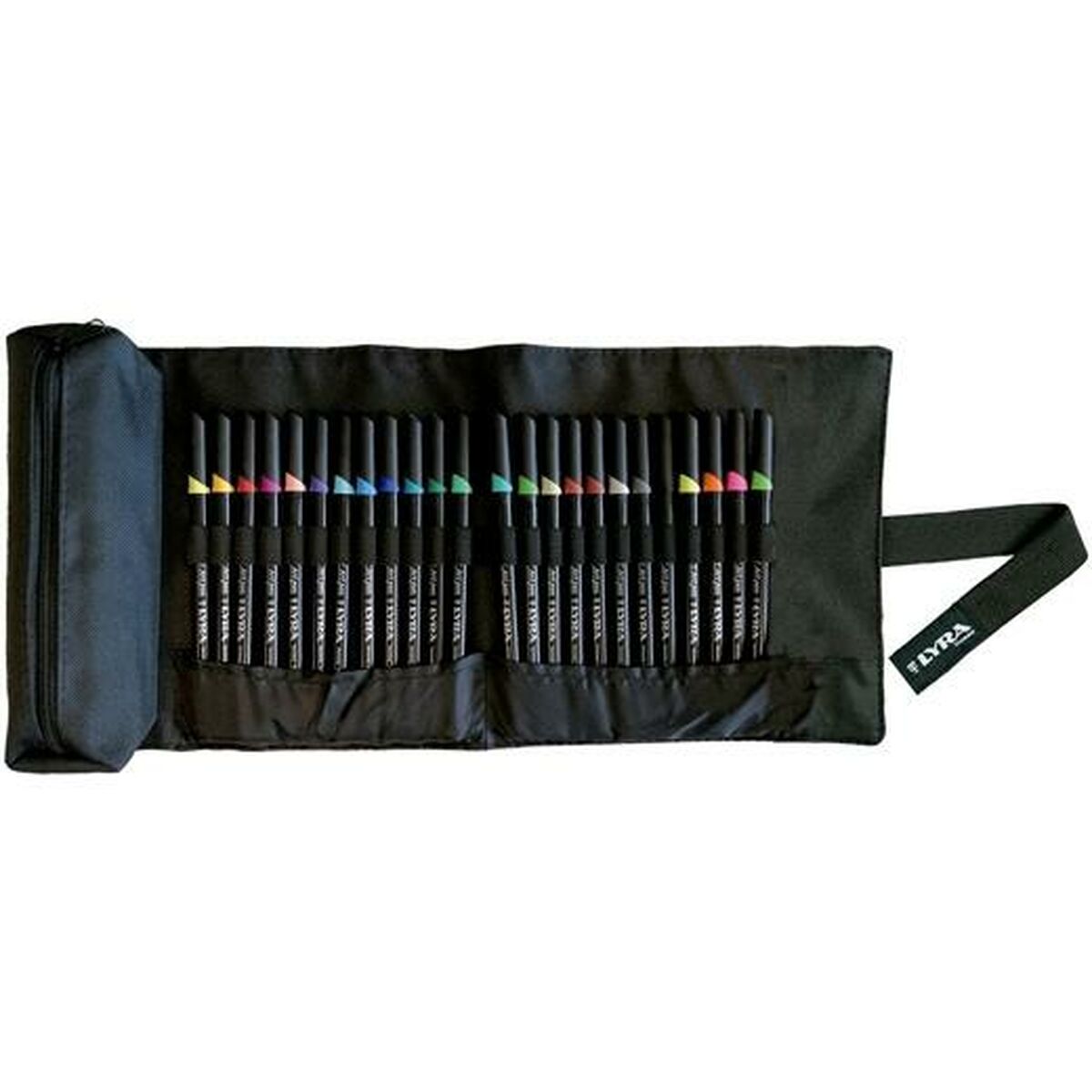 Colorful markers in a black case.