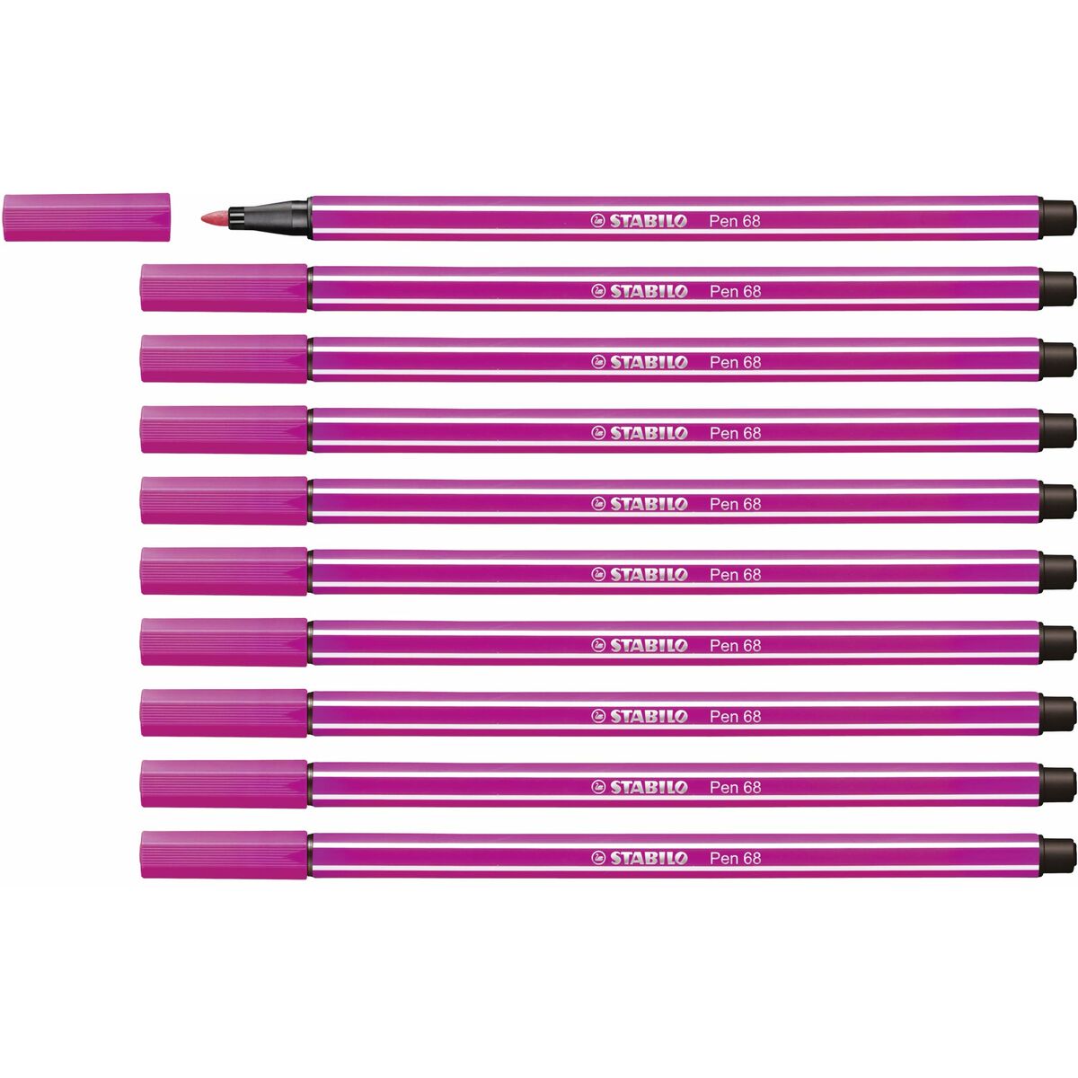 Pink Stabilo pens arranged neatly.