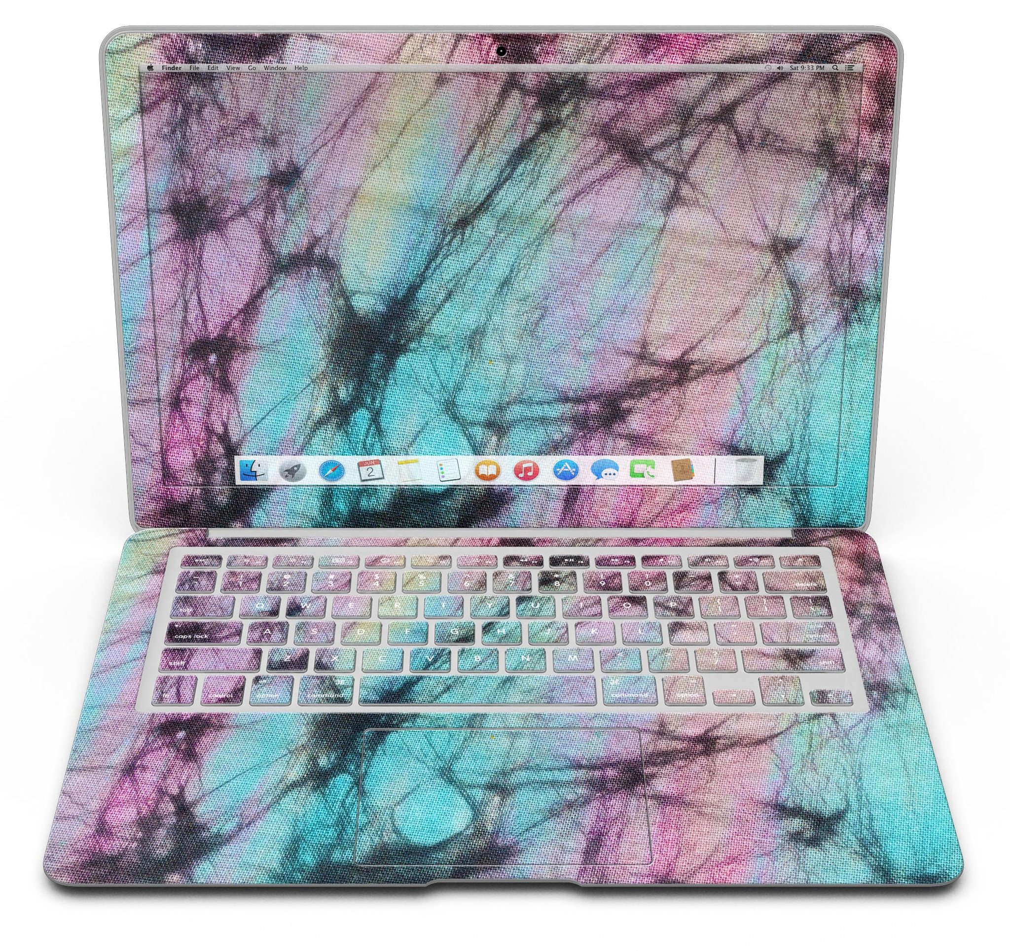 Fibrous Watercolor MacBook Air Skin Kit showcasing vibrant design and premium vinyl material.