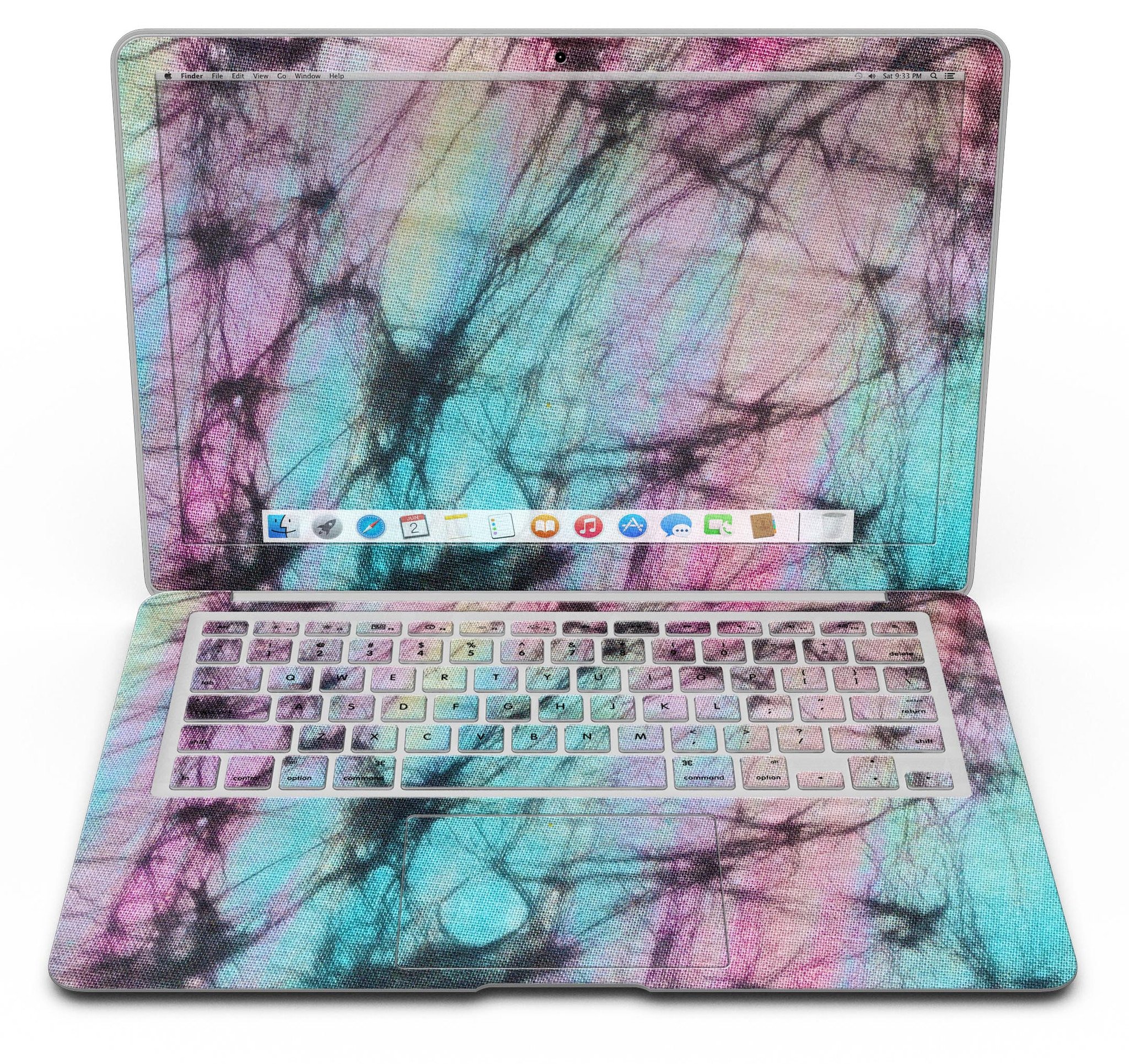 Fibrous Watercolor MacBook Air Skin Kit showcasing vibrant design and premium vinyl material.