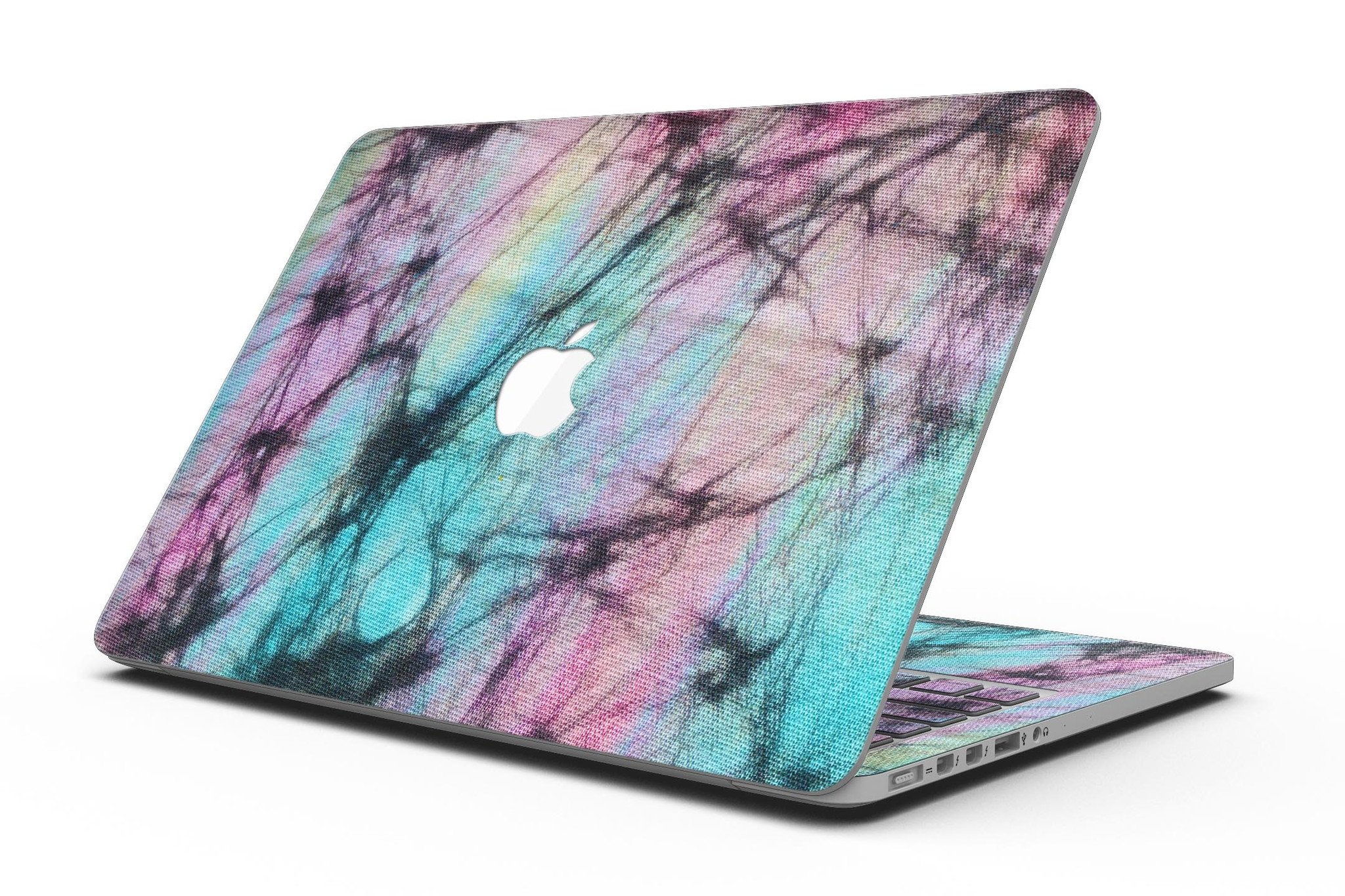 Fibrous Watercolor skin applied to a MacBook Pro with Retina Display, showcasing vibrant colors and a sleek design.