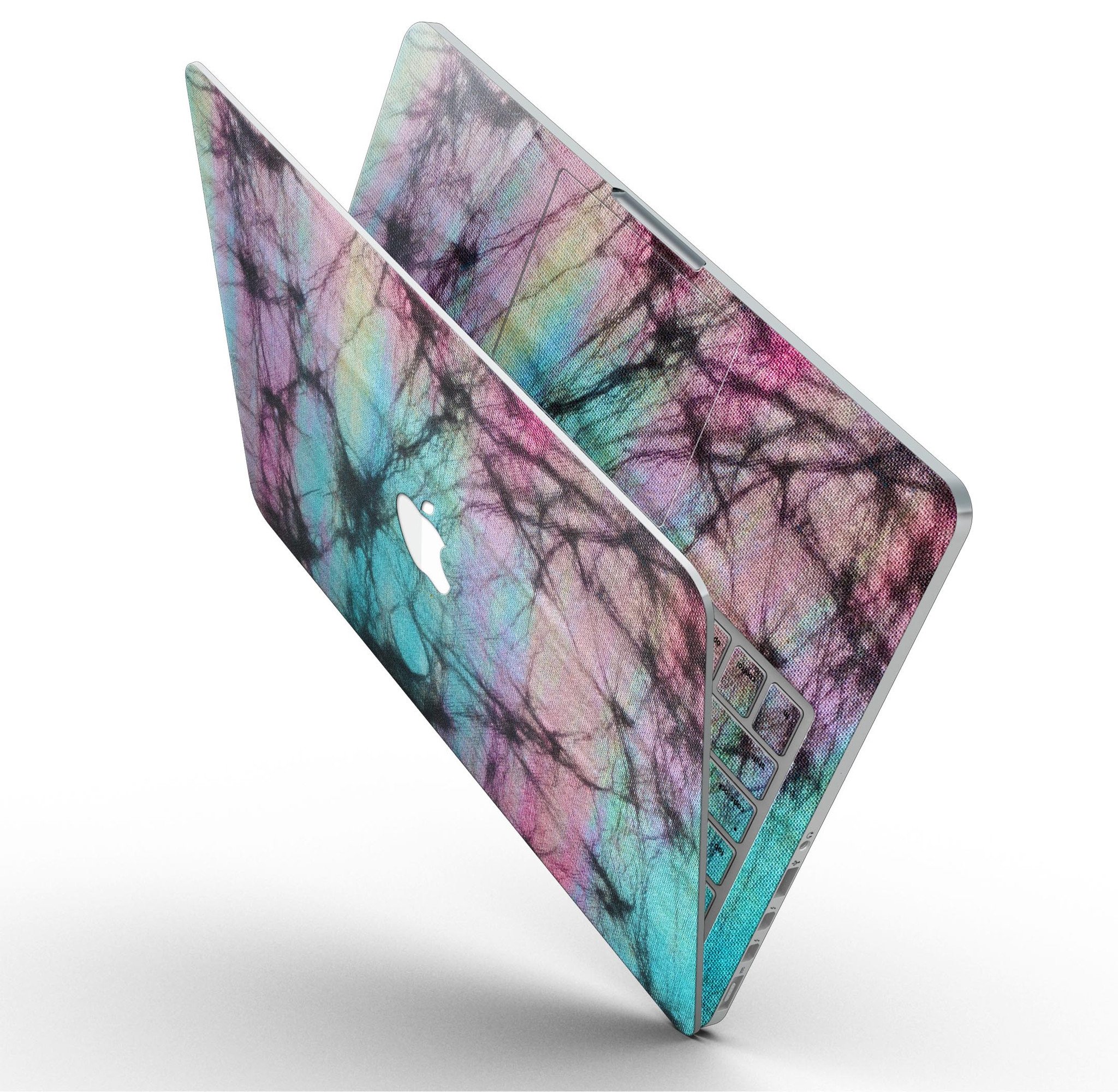 Fibrous Watercolor skin applied to a MacBook Pro with Retina Display, showcasing vibrant colors and a sleek design.