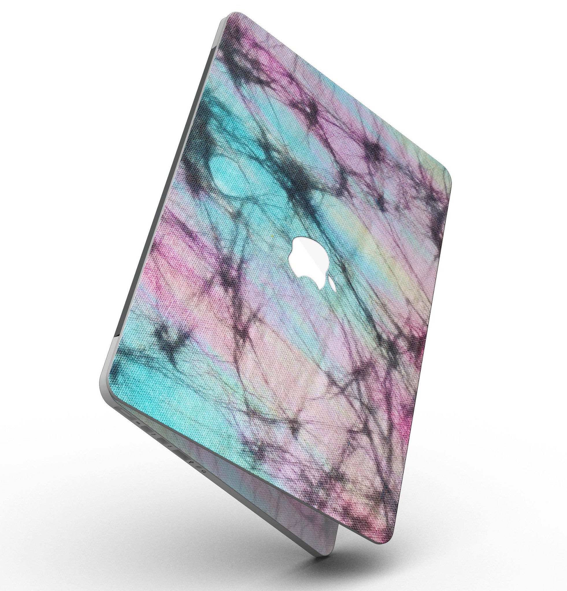 Fibrous Watercolor skin applied to a MacBook Pro with Retina Display, showcasing vibrant colors and a sleek design.