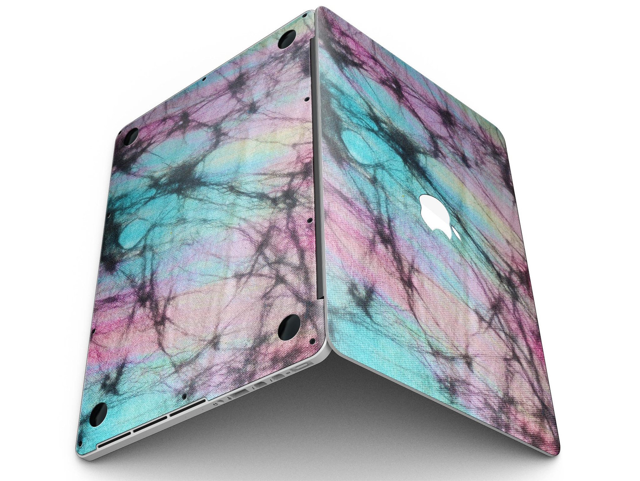 Fibrous Watercolor skin applied to a MacBook Pro with Retina Display, showcasing vibrant colors and a sleek design.