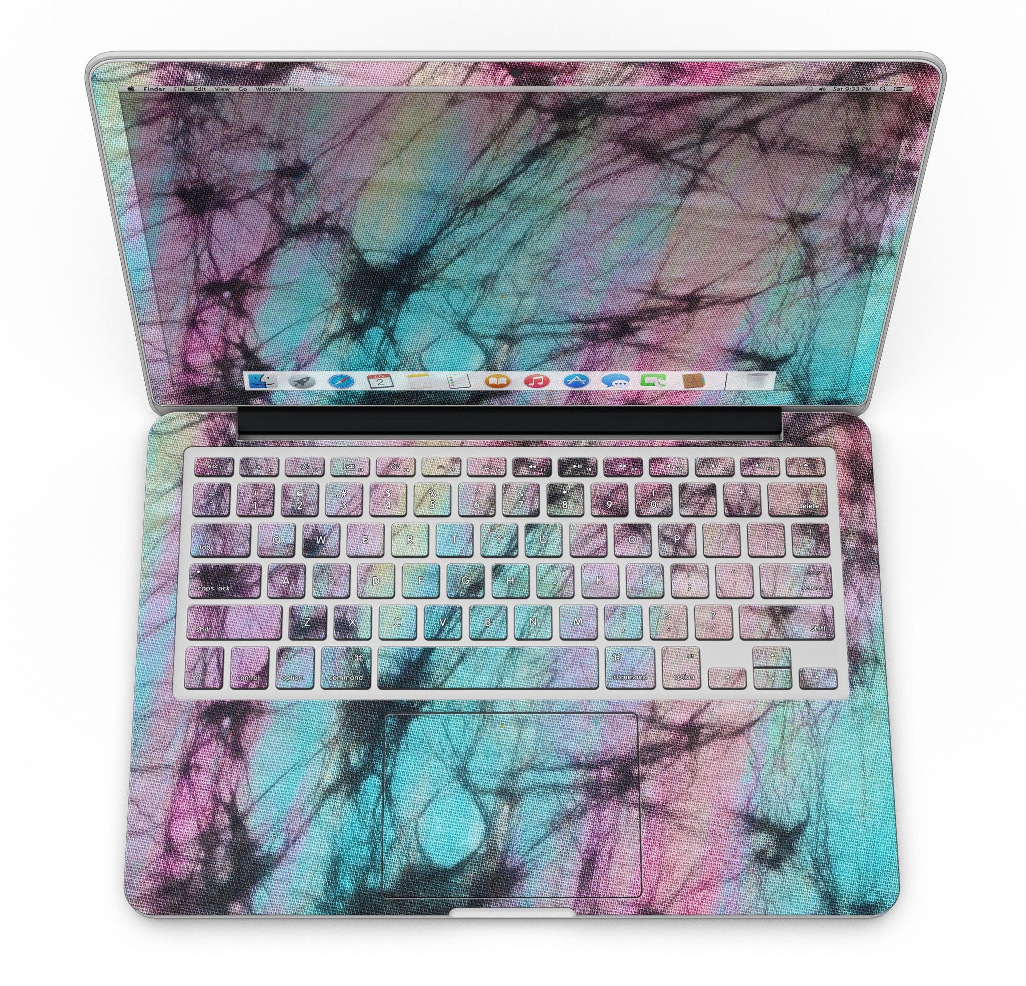 Fibrous Watercolor skin applied to a MacBook Pro with Retina Display, showcasing vibrant colors and a sleek design.