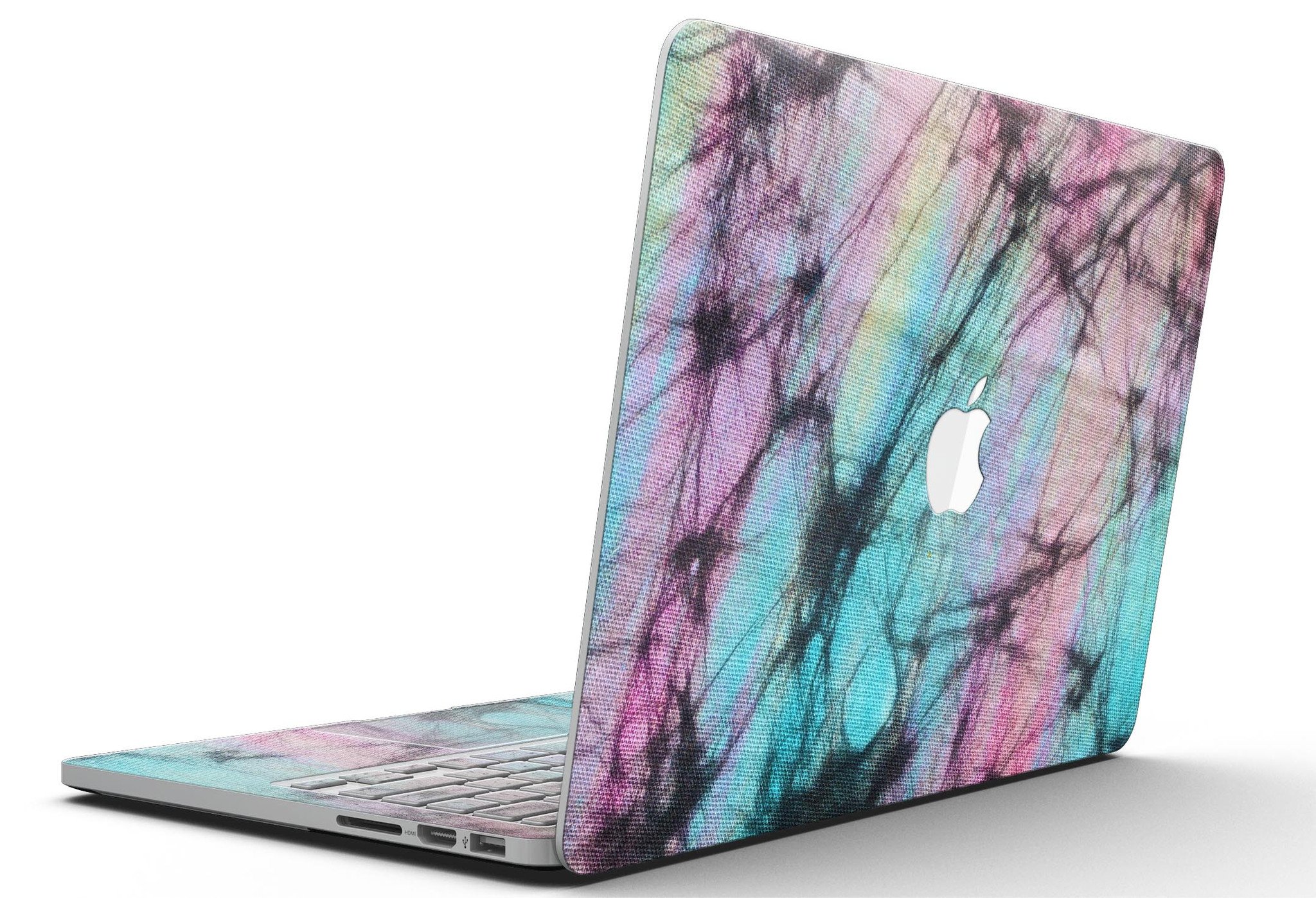 Fibrous Watercolor skin applied to a MacBook Pro with Retina Display, showcasing vibrant colors and a sleek design.