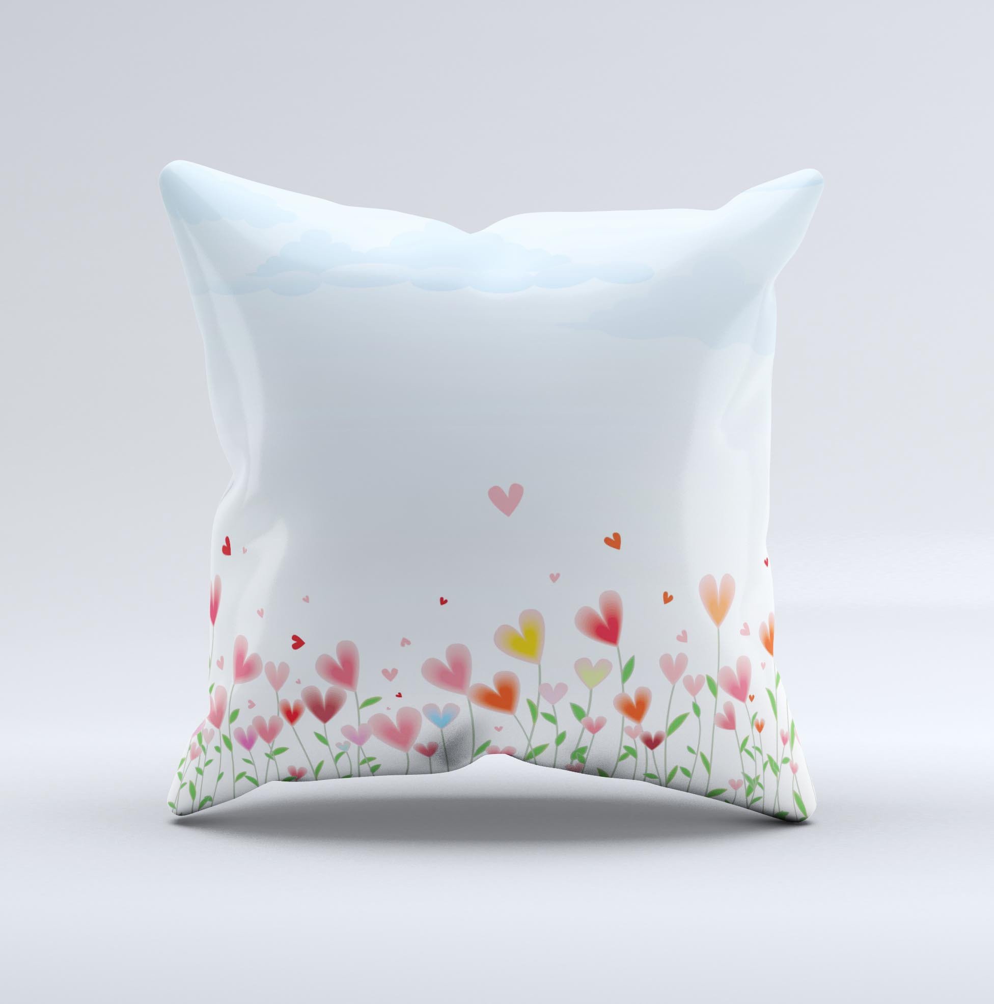 Field of Blooming Hearts decorative throw pillow featuring vibrant heart designs on a soft fabric, handcrafted in Virginia.