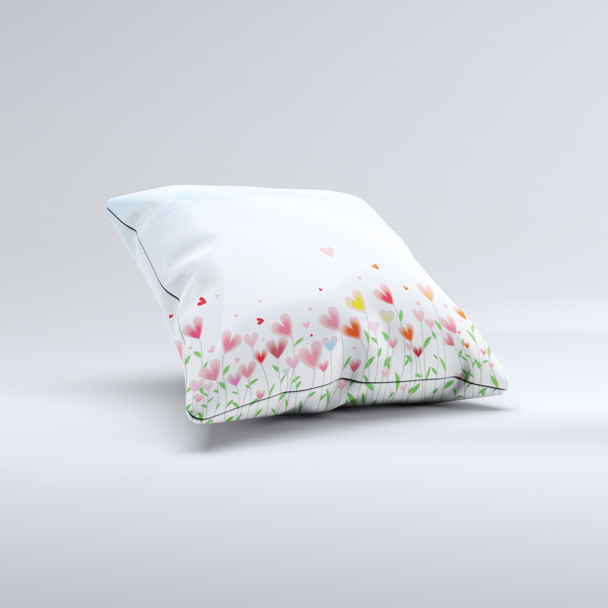 Field of Blooming Hearts decorative throw pillow featuring vibrant heart designs on a soft fabric, handcrafted in Virginia.