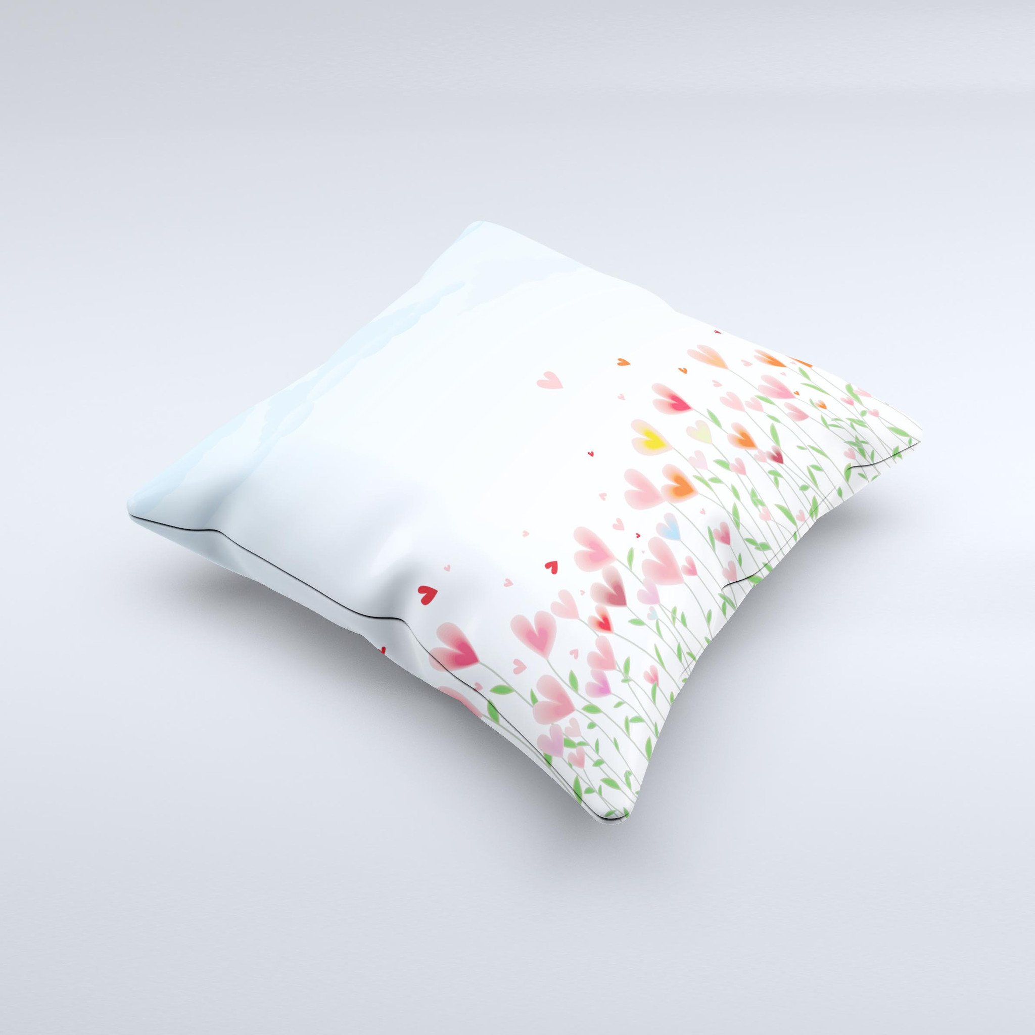 Field of Blooming Hearts decorative throw pillow featuring vibrant heart designs on a soft fabric, handcrafted in Virginia.