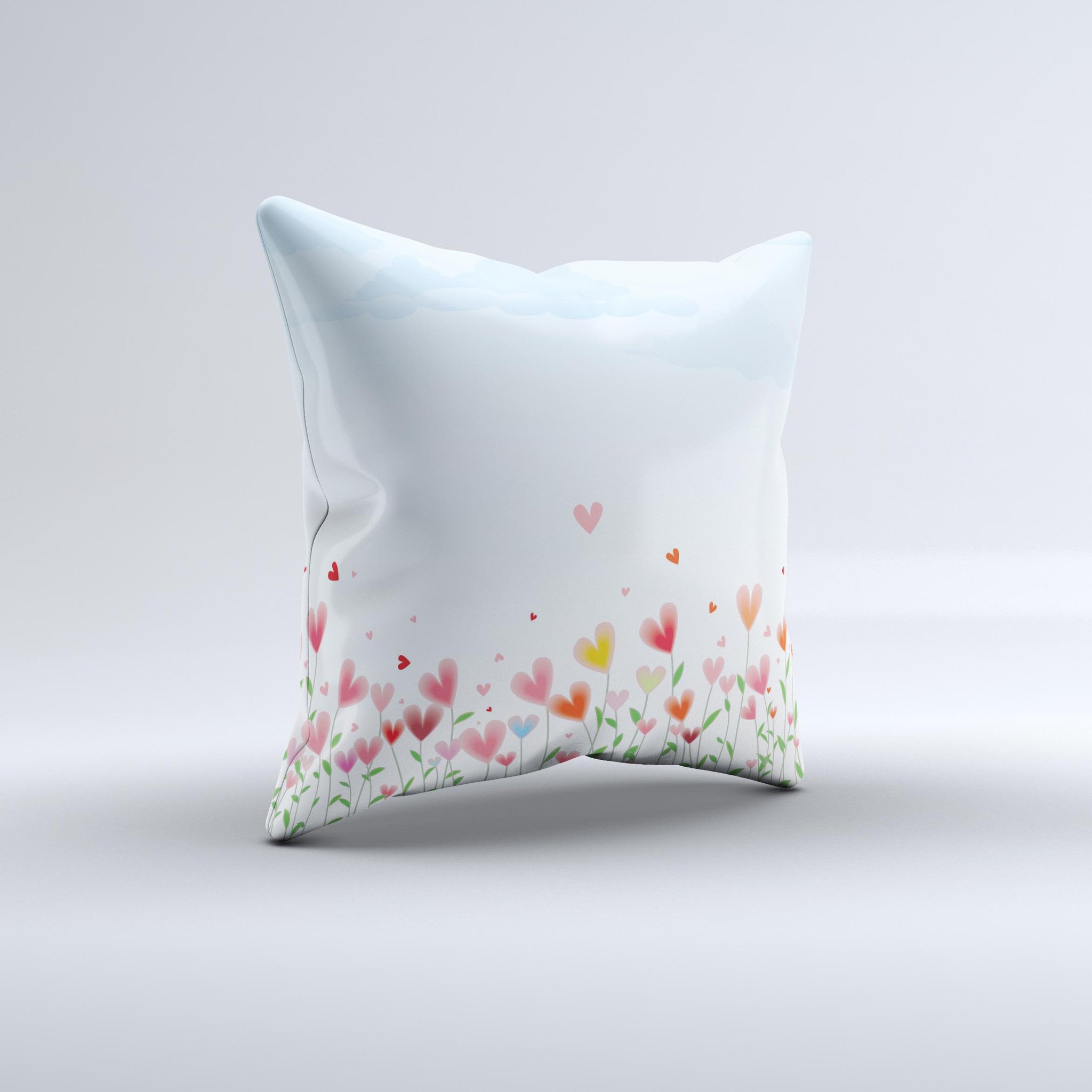 Field of Blooming Hearts decorative throw pillow featuring vibrant heart designs on a soft fabric, handcrafted in Virginia.