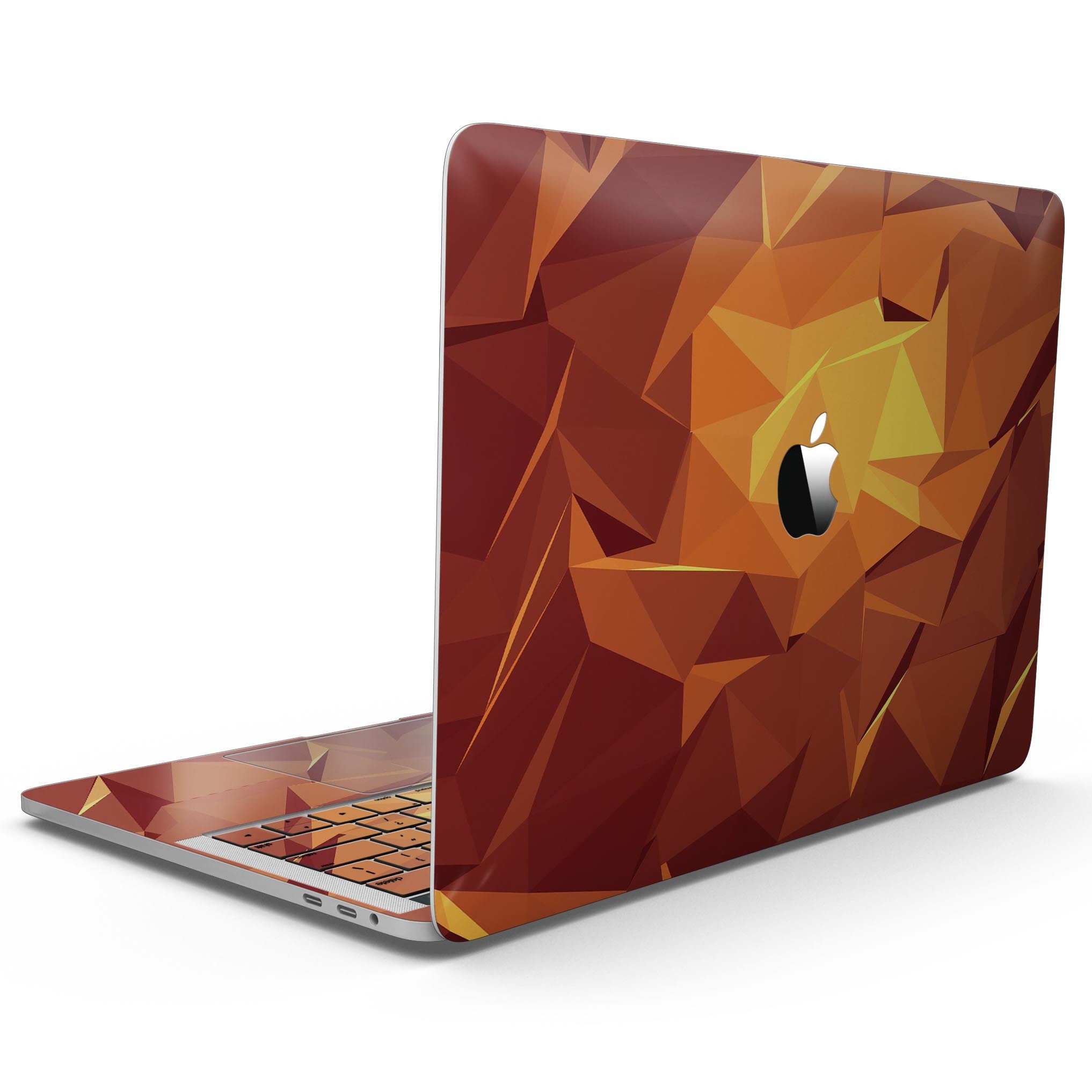 Fiery Abstract Geometric Shapes skin kit for MacBook Pro, showcasing vibrant geometric patterns on a sleek device.