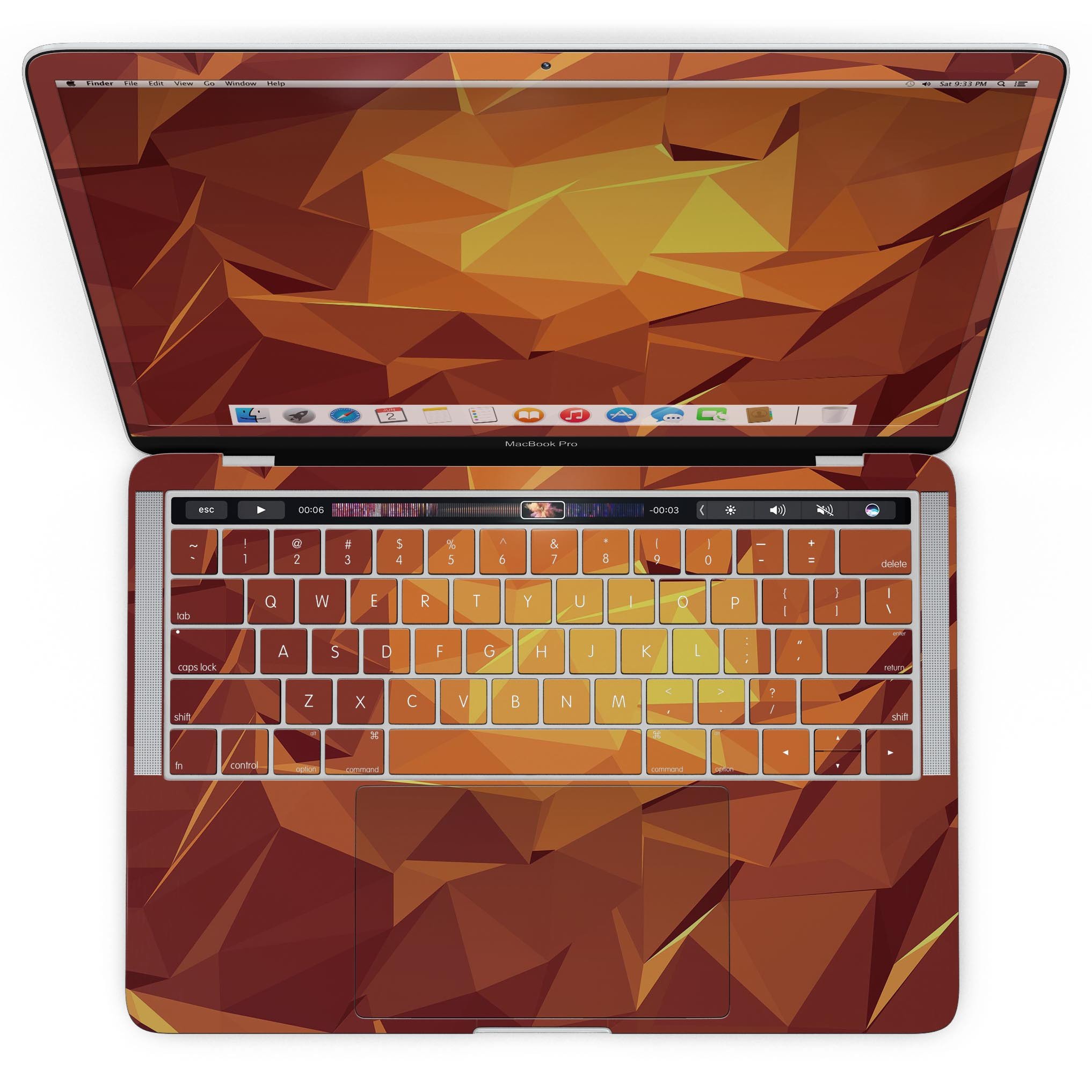 Fiery Abstract Geometric Shapes skin kit for MacBook Pro, showcasing vibrant geometric patterns on a sleek device.