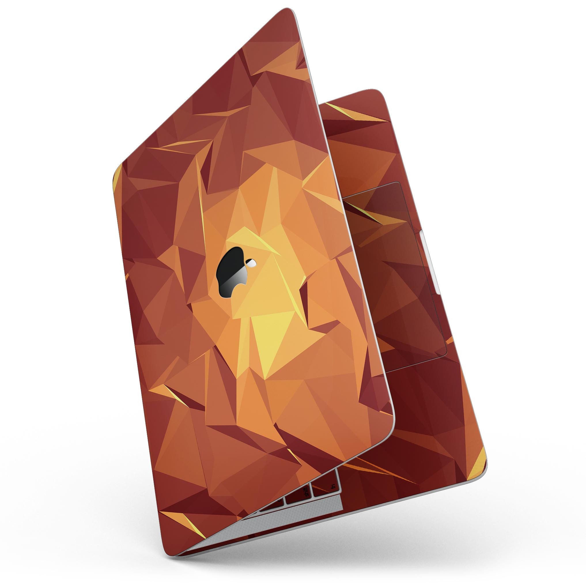 Fiery Abstract Geometric Shapes skin kit for MacBook Pro, showcasing vibrant geometric patterns on a sleek device.