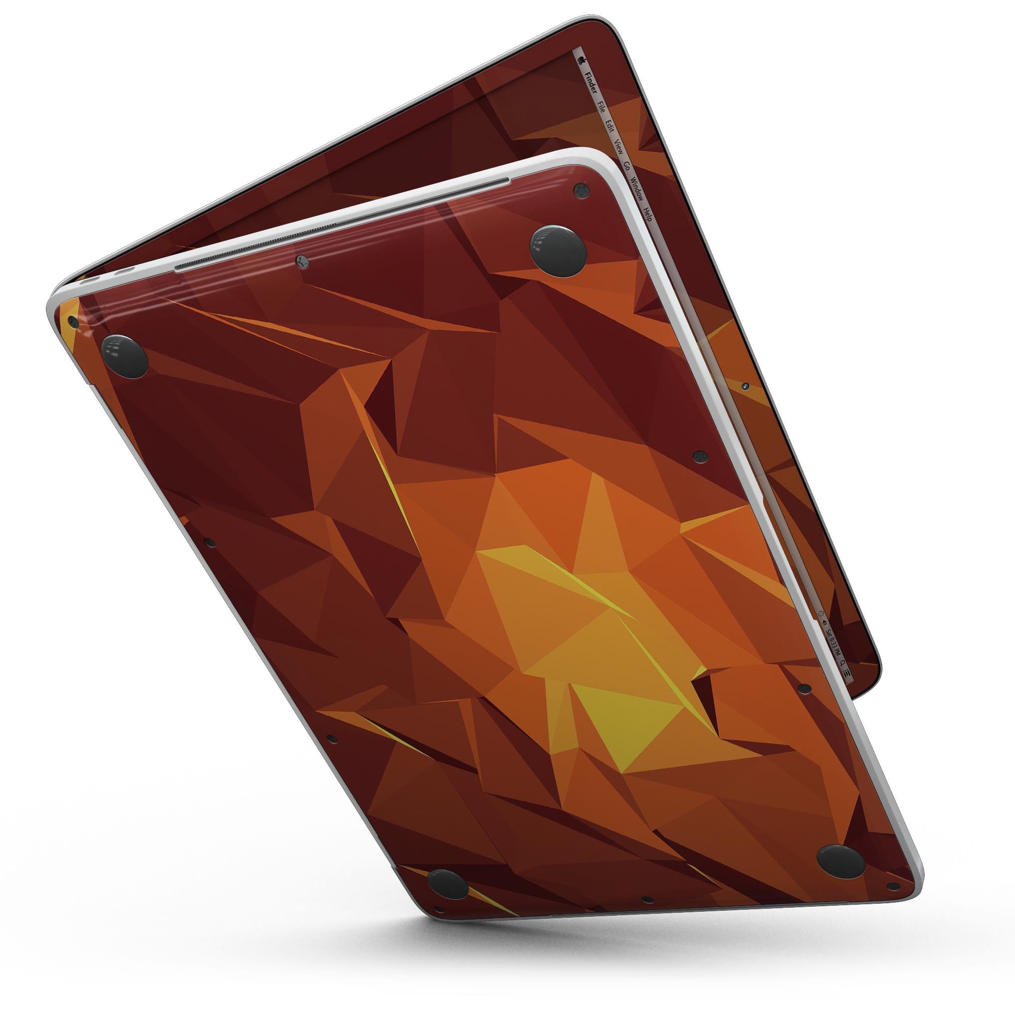 Fiery Abstract Geometric Shapes skin kit for MacBook Pro, showcasing vibrant geometric patterns on a sleek device.