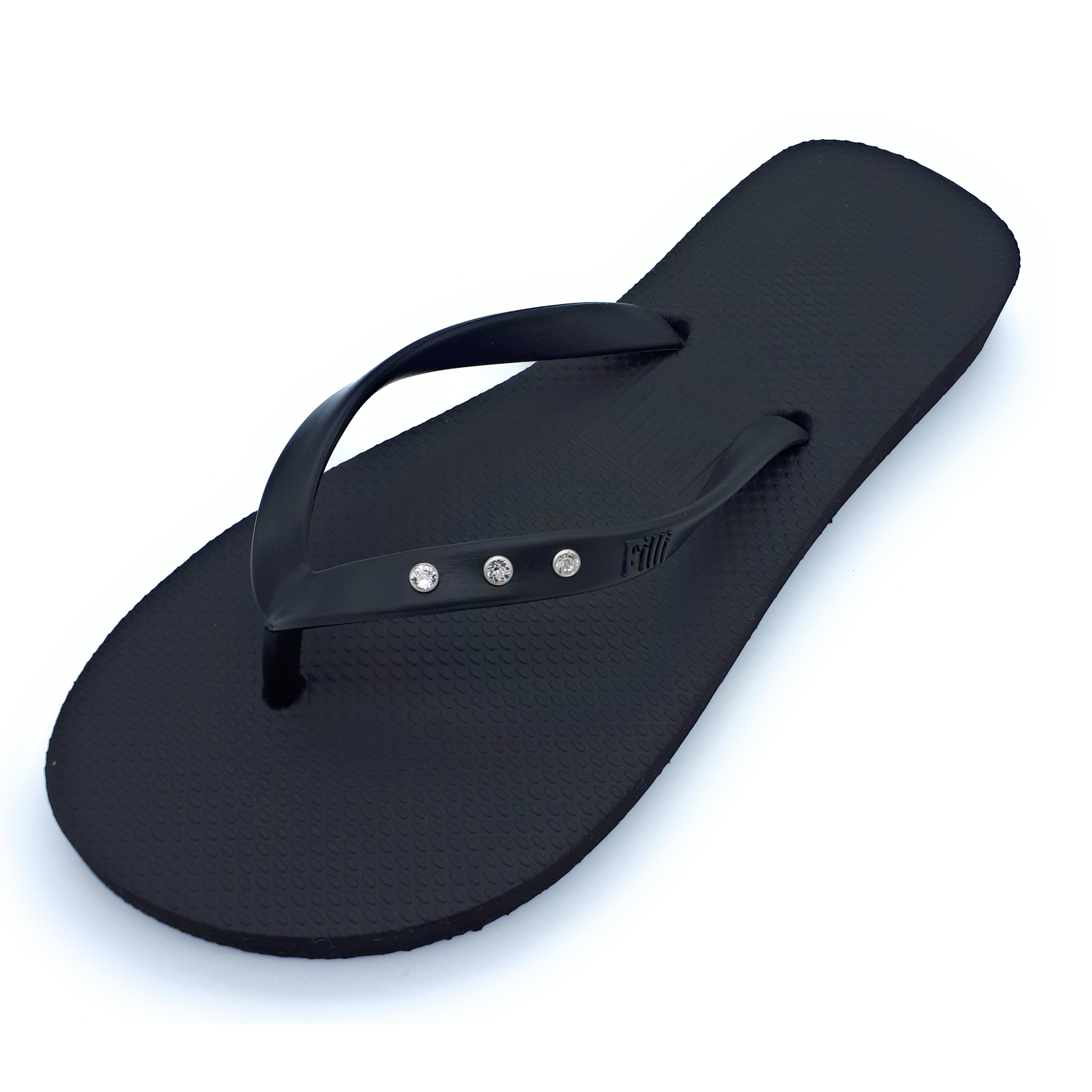 Filli London St Tropez Crystal Flip Flops in Black, featuring Swarovski® crystals and a stylish design.