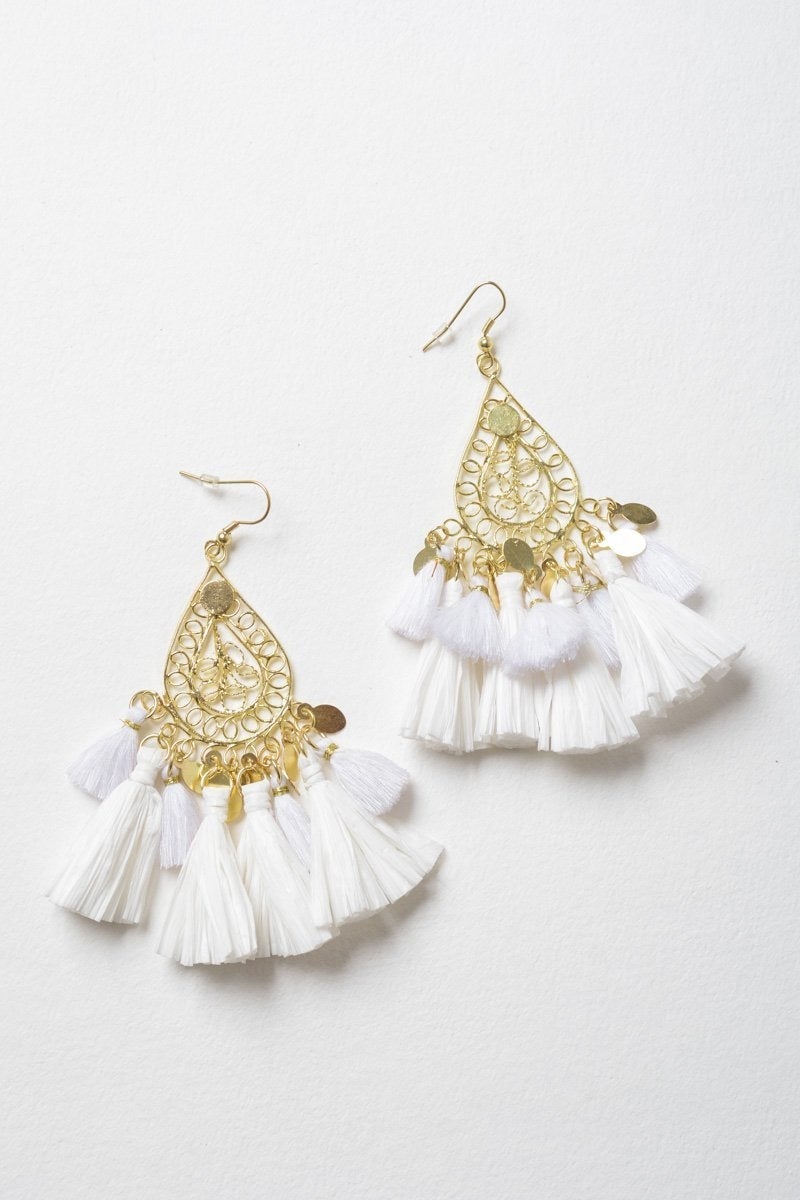 Elegant Filigree Raffia Tassel Earrings featuring intricate brass design and soft tassels, perfect for stylish accessorizing.