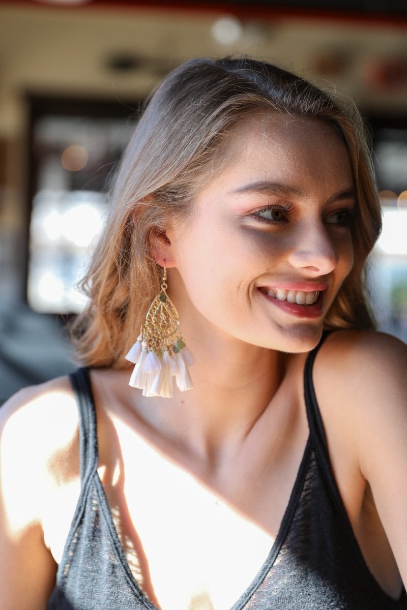 Elegant Filigree Raffia Tassel Earrings featuring intricate brass design and soft tassels, perfect for stylish accessorizing.