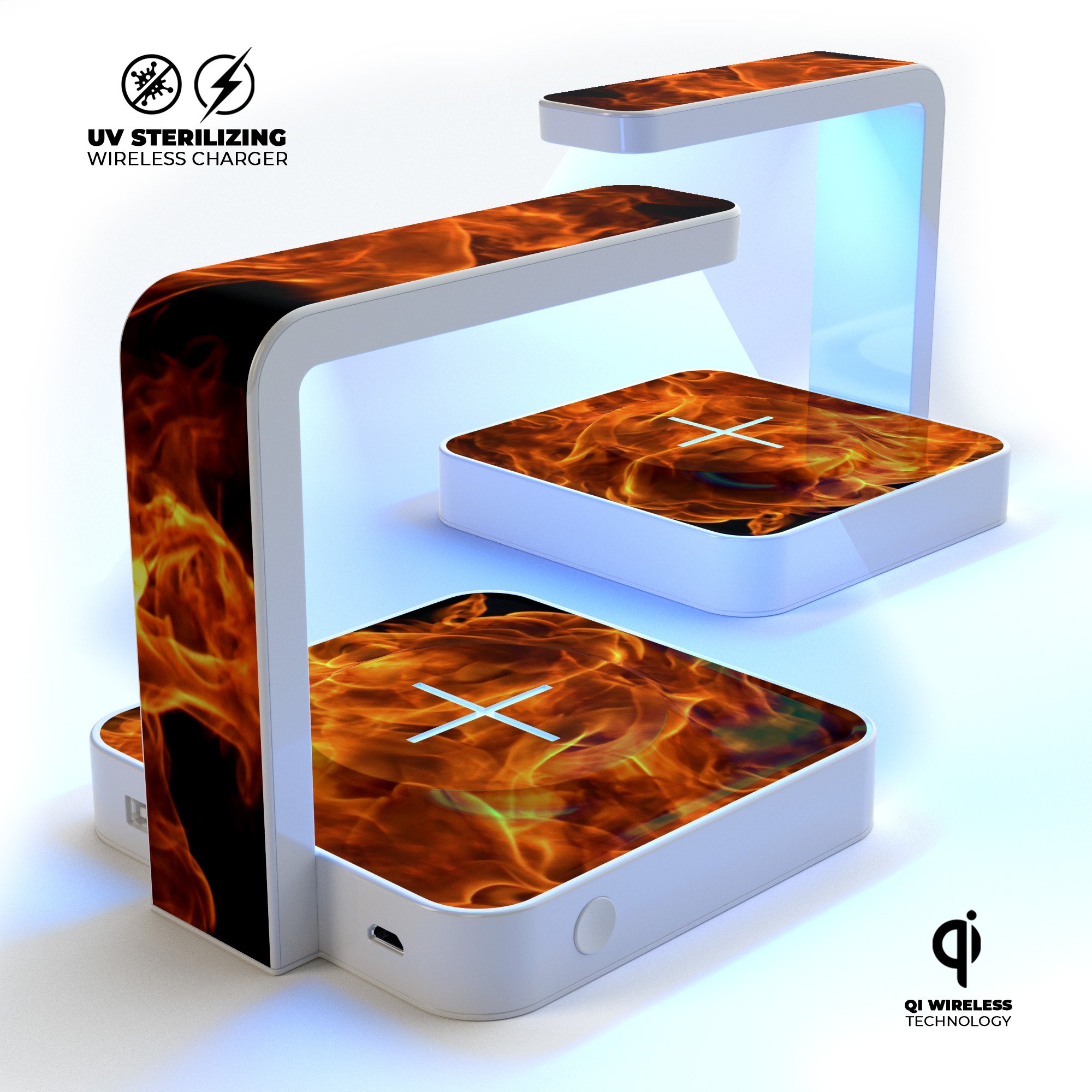 Fire Flame V1 UV Germicidal Sanitizing Wireless Charger with phone on it, showcasing its sleek design and sterilizing lamp.