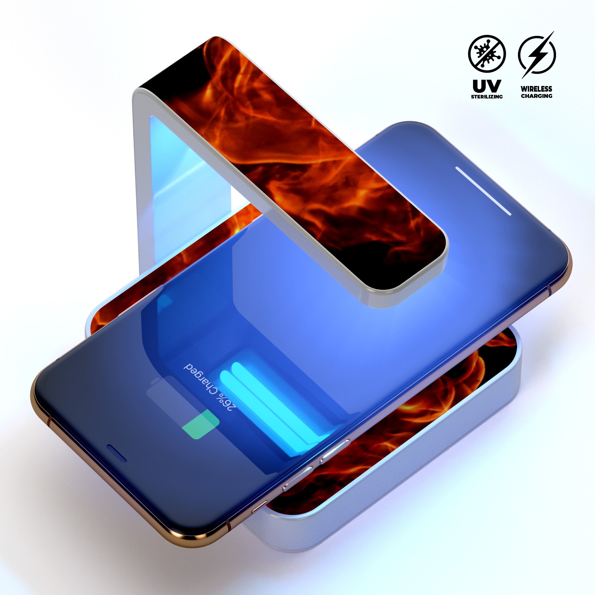 Fire Flame V1 UV Germicidal Sanitizing Wireless Charger with phone on it, showcasing its sleek design and sterilizing lamp.