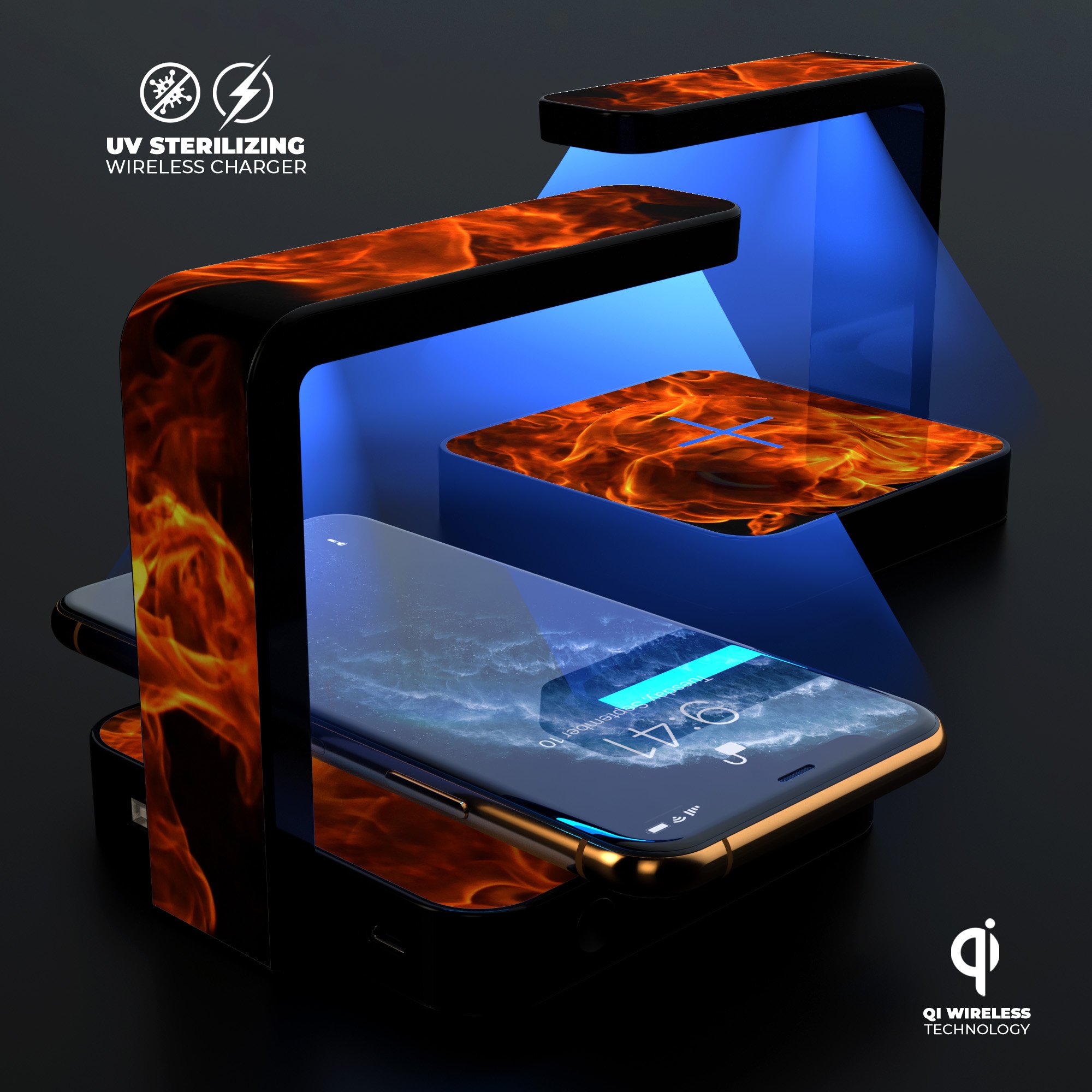 Fire Flame V1 UV Germicidal Sanitizing Wireless Charger with phone on it, showcasing its sleek design and sterilizing lamp.