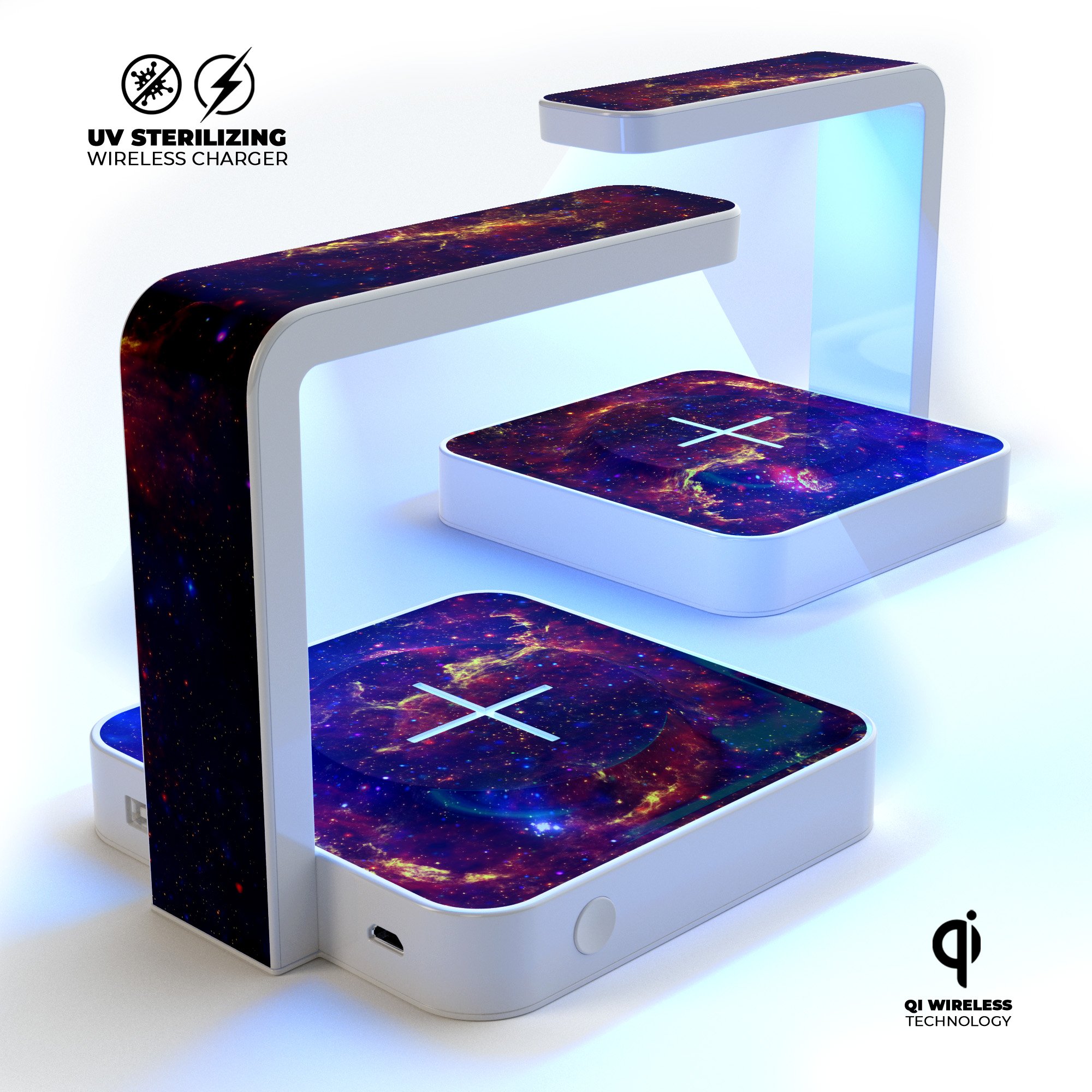 Firey Galaxy UV Germicidal Sanitizing Wireless Charger with phone placed on it, showcasing its sleek design and sterilizing lamp.