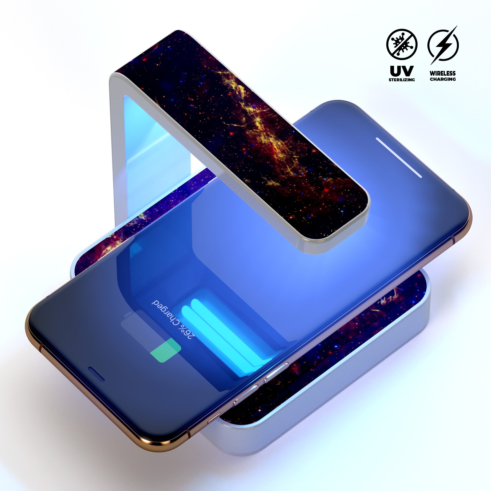 Firey Galaxy UV Germicidal Sanitizing Wireless Charger with phone placed on it, showcasing its sleek design and sterilizing lamp.