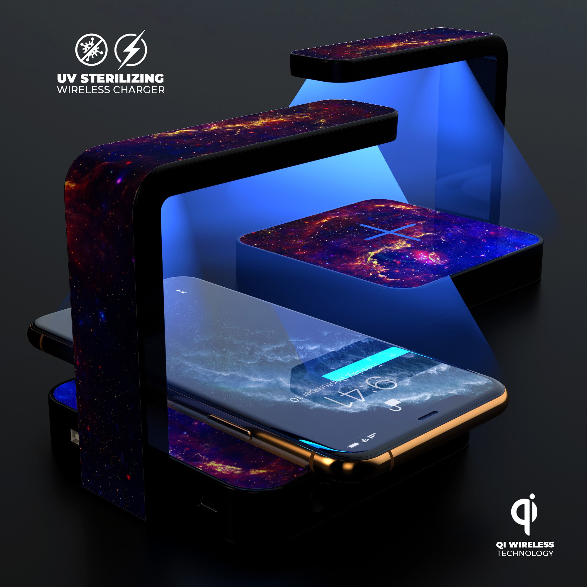 Firey Galaxy UV Germicidal Sanitizing Wireless Charger with phone placed on it, showcasing its sleek design and sterilizing lamp.