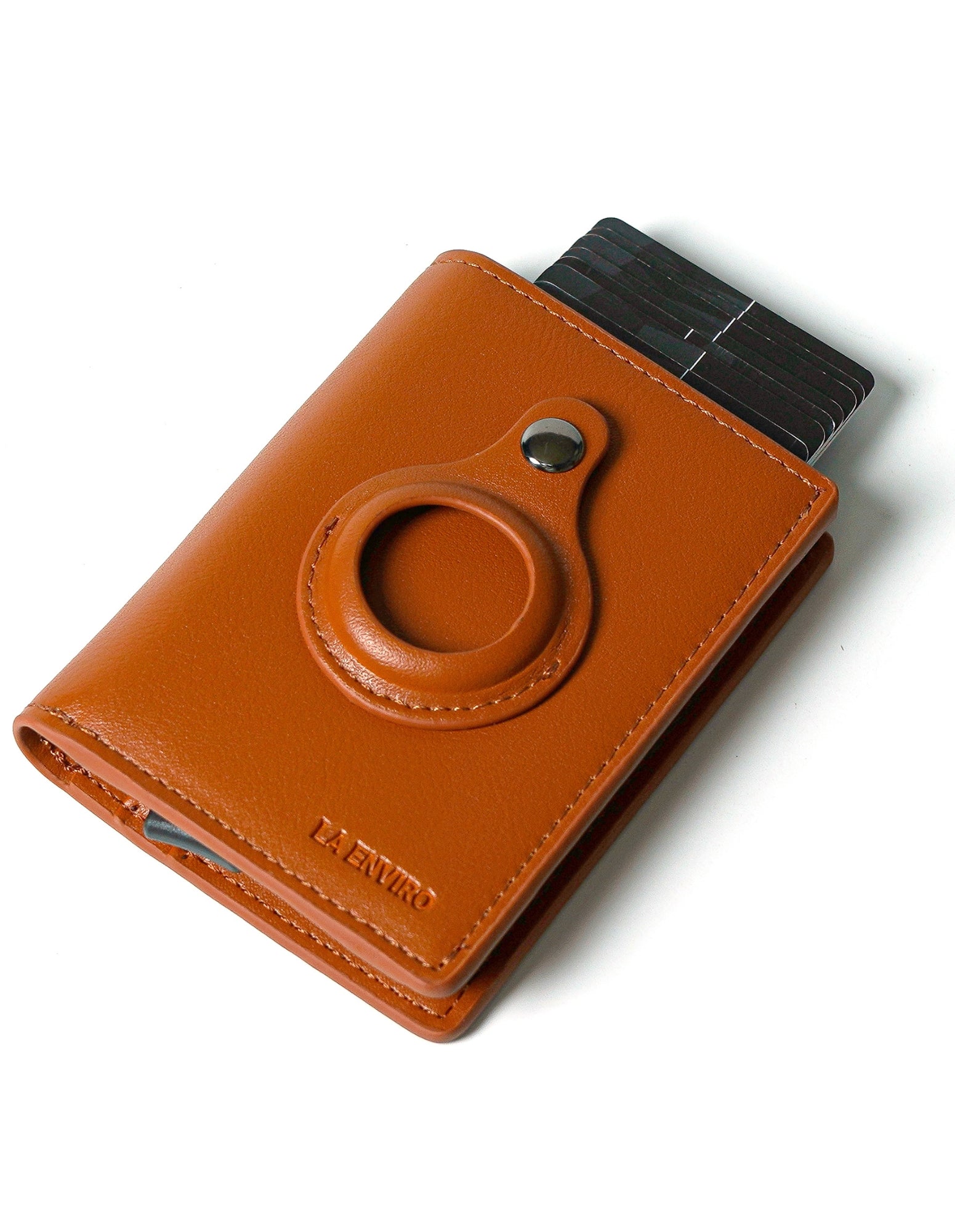 FITZROY AirTag Wallet in Tan, made from premium vegan leather with RFID blocking technology, designed for secure storage of cards and cash.